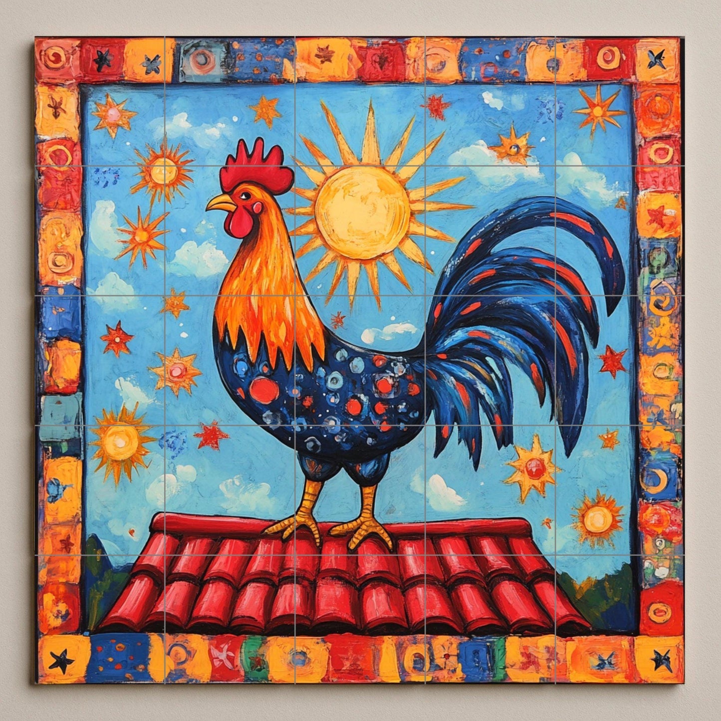 Gallo portugués con sol radiante, borde celest — Scène Mythologique, Art Mural en Céramique
