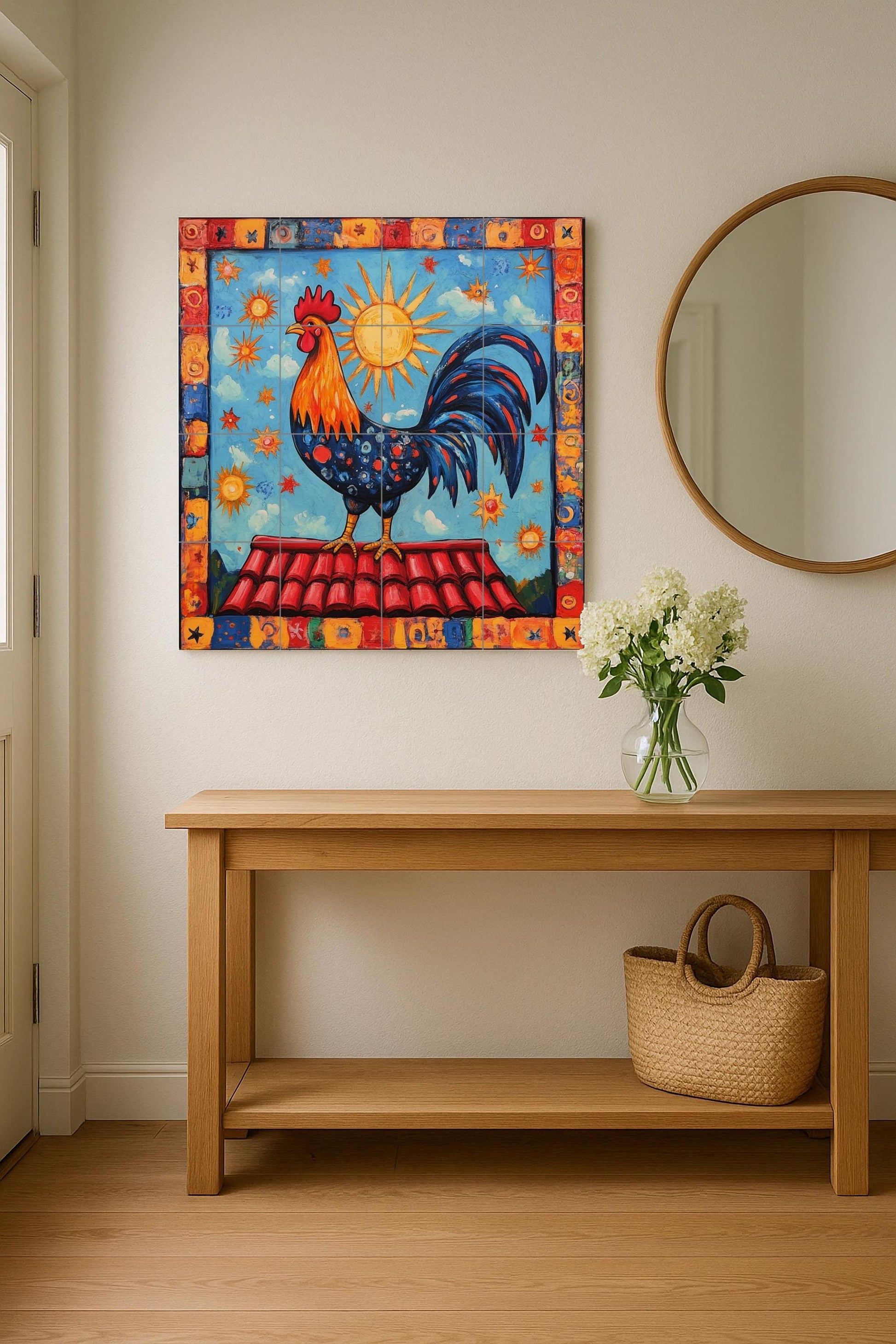 Gallo portugués con sol radiante, borde celest — Scène Mythologique, Art Mural en Céramique