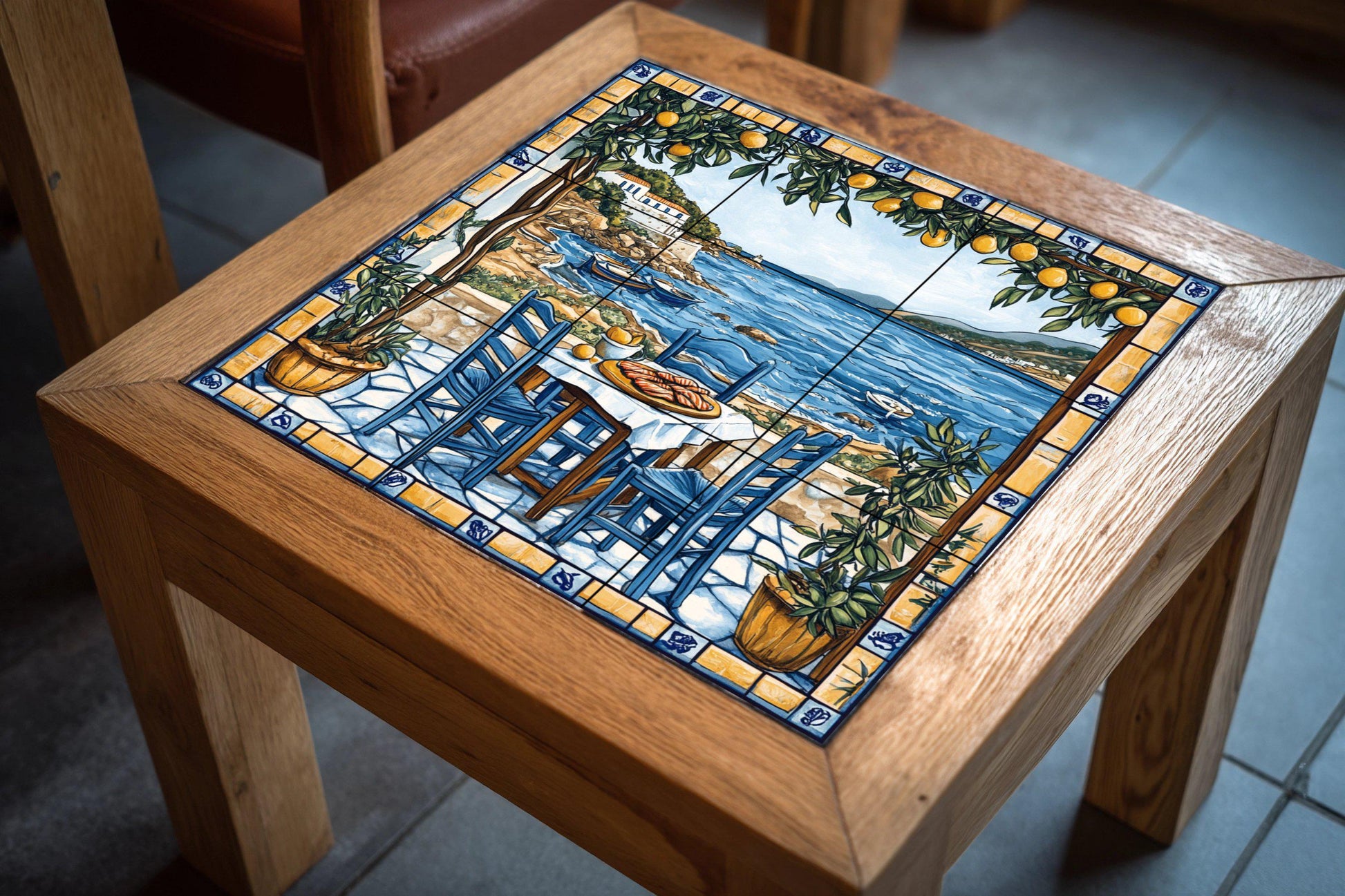 Fresque en Carrelage Una taberna de una isla griega con sillas azul — Art Rustique de Ferme