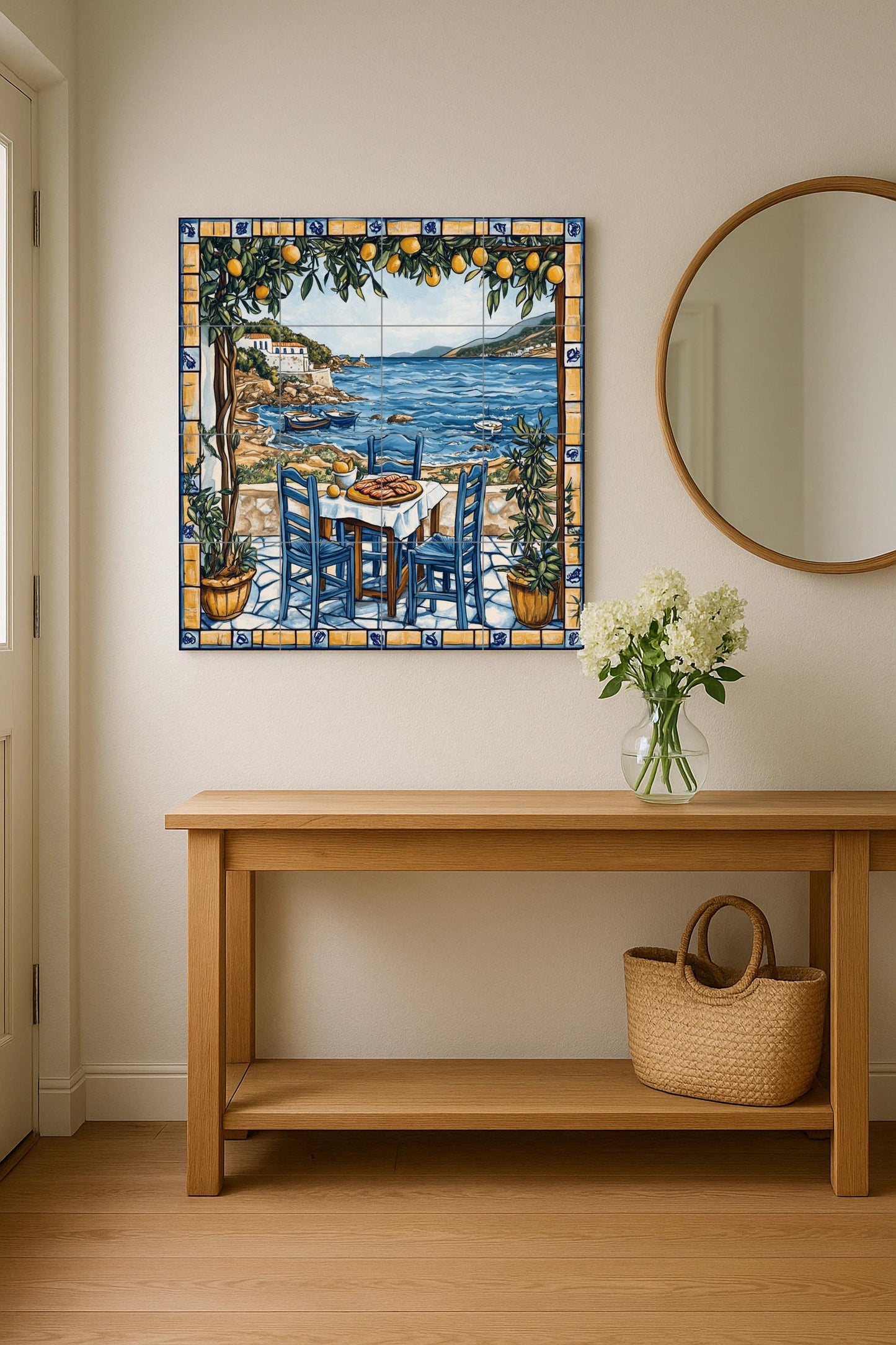 Fresque en Carrelage Una taberna de una isla griega con sillas azul — Art Rustique de Ferme
