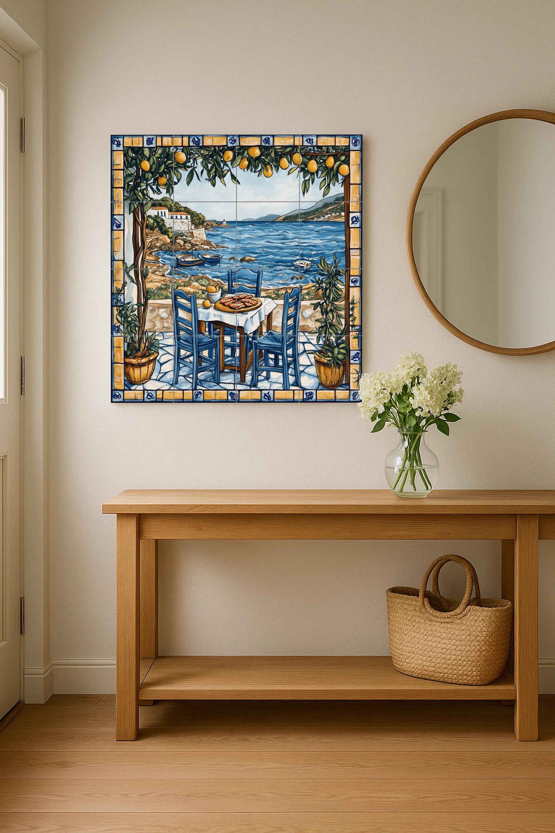 Fresque en Carrelage Una taberna de una isla griega con sillas azul — Art Rustique de Ferme