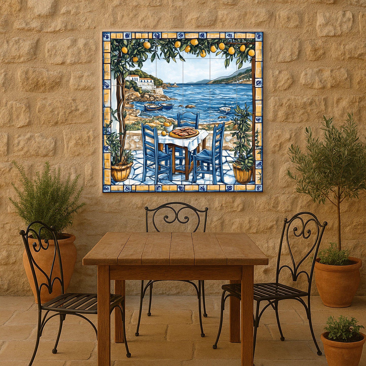 Fresque en Carrelage Una taberna de una isla griega con sillas azul — Art Rustique de Ferme