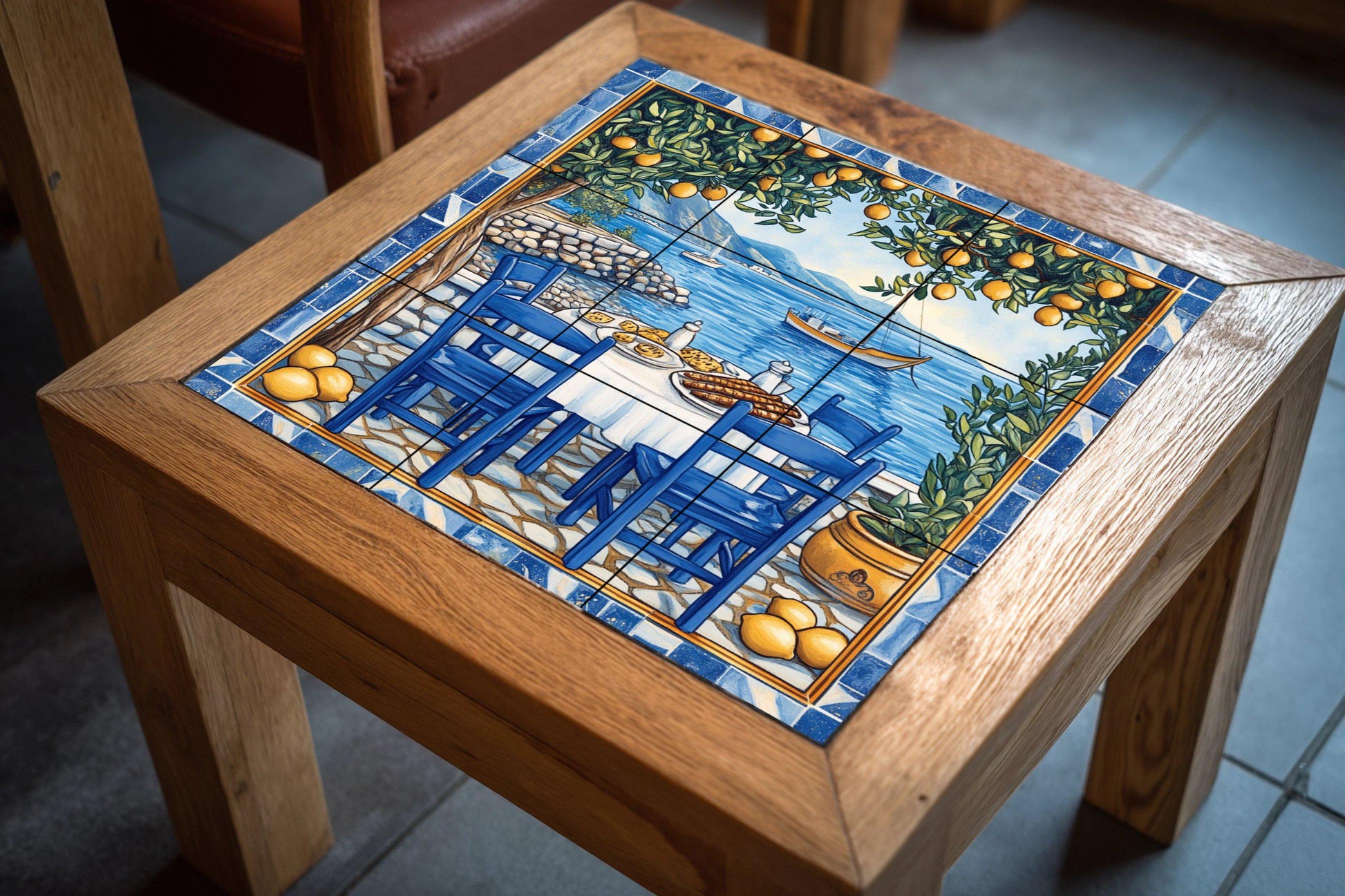 Mural de azulejos de cerámica de limoneros de Amalfi con mesa de…