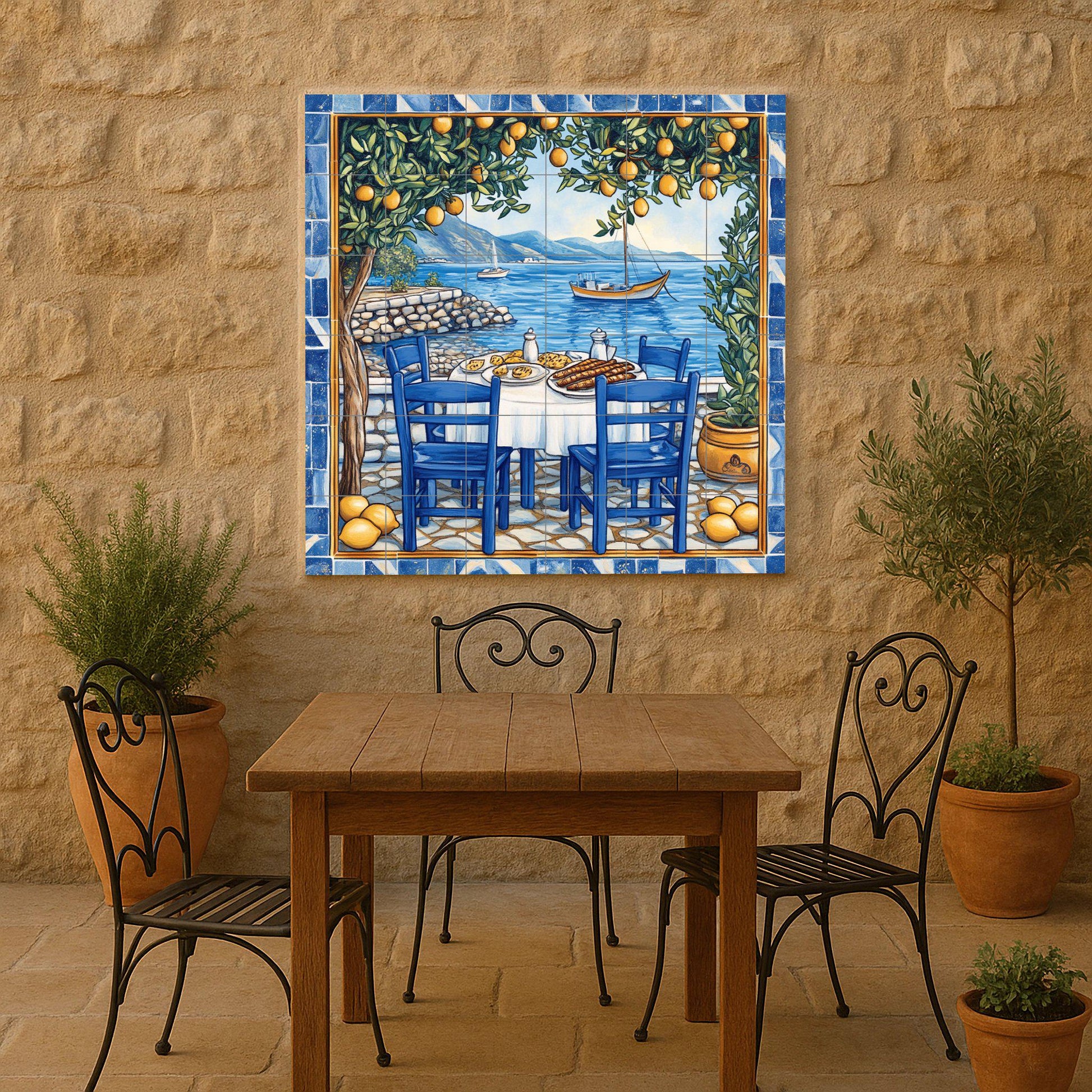 Mural de azulejos de cerámica de limoneros de Amalfi con mesa de…