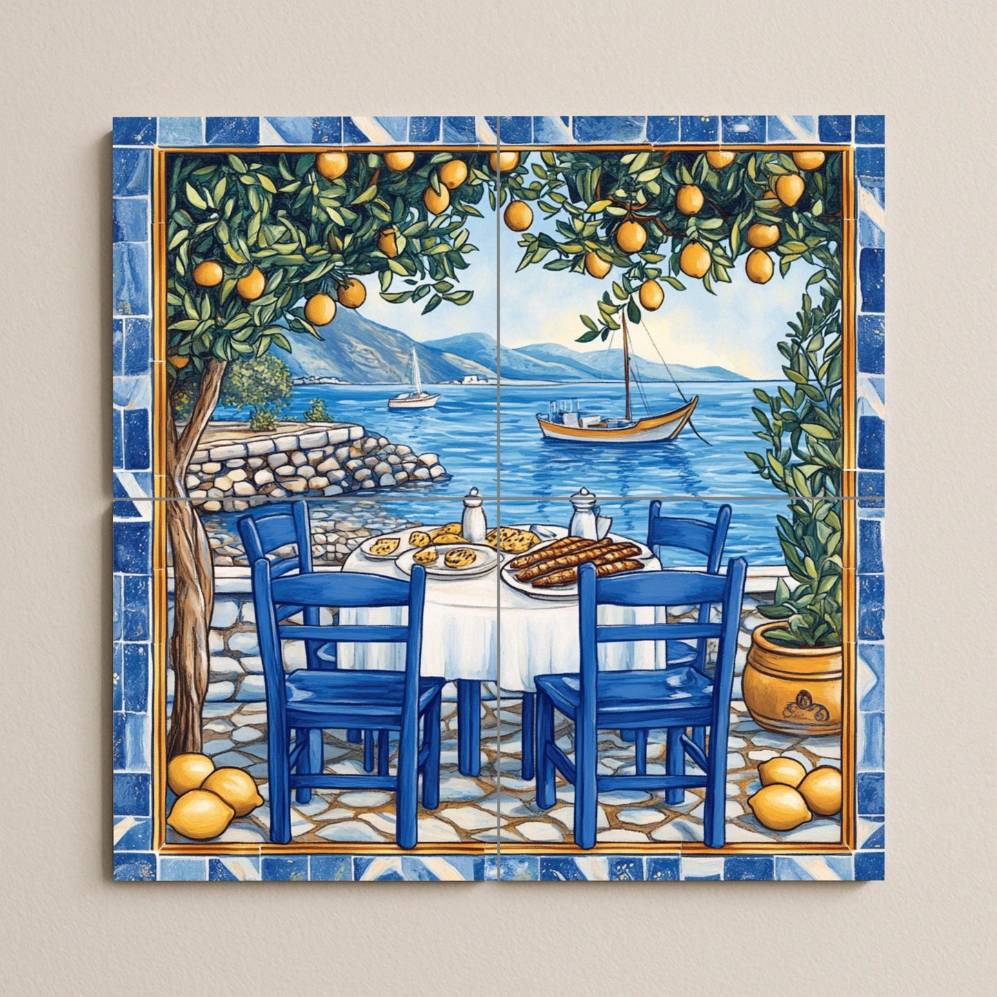 Mural de azulejos de cerámica de limoneros de Amalfi con mesa de…