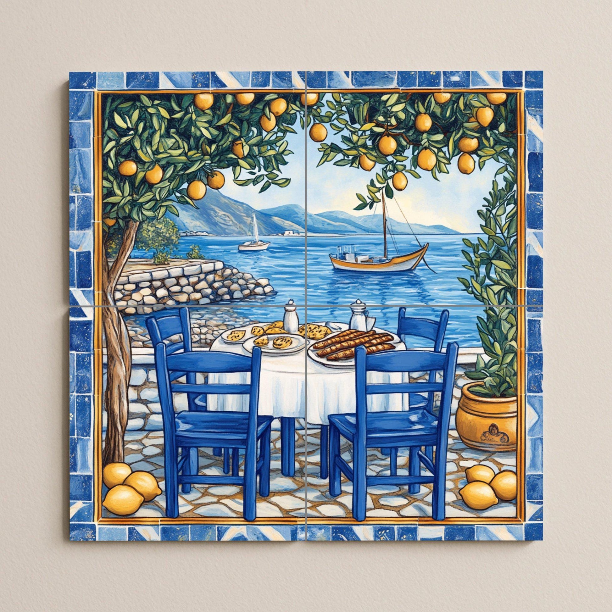 Mural de azulejos de cerámica de limoneros de Amalfi con mesa de…