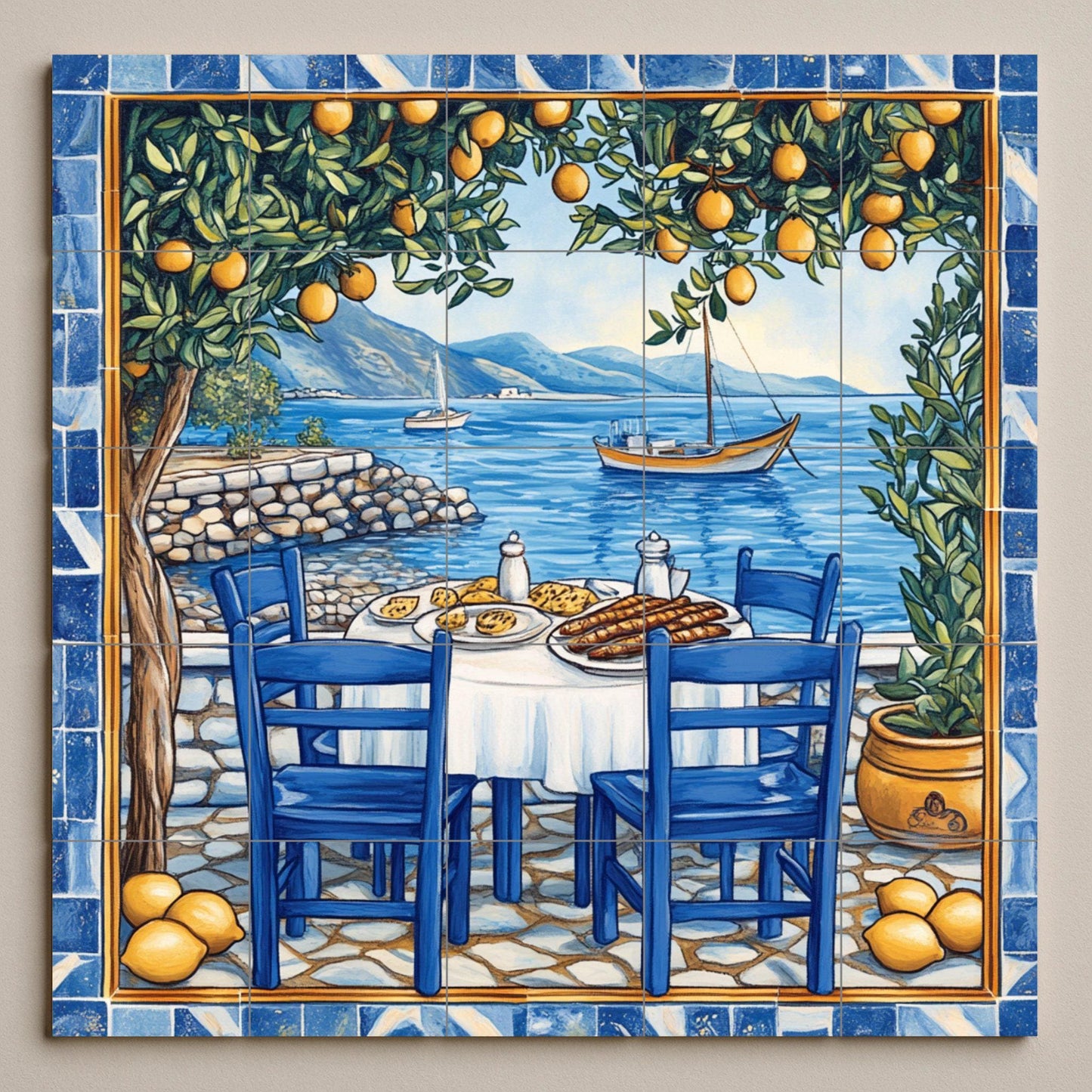 Mural de azulejos de cerámica de limoneros de Amalfi con mesa de…