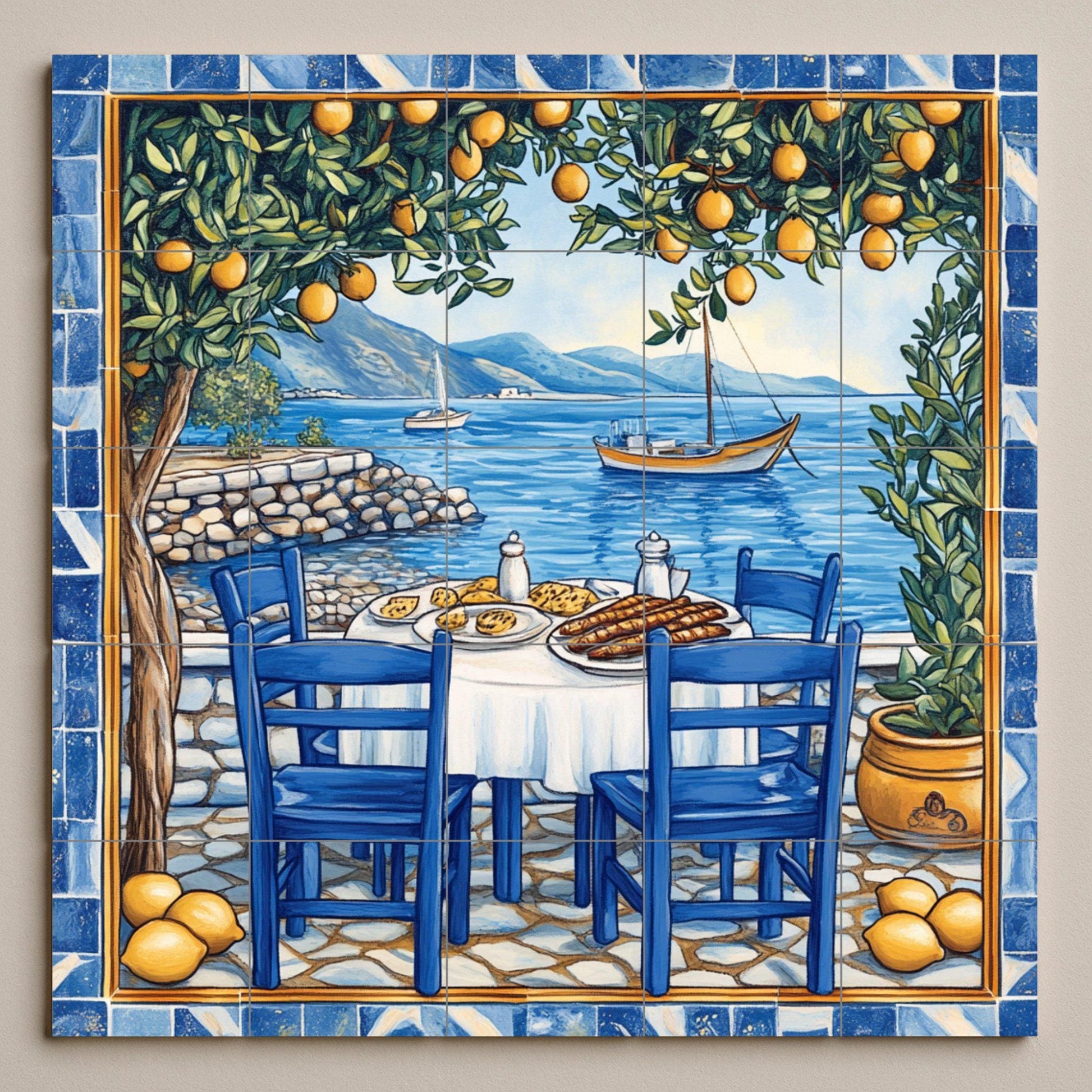 Mural de azulejos de cerámica de limoneros de Amalfi con mesa de…