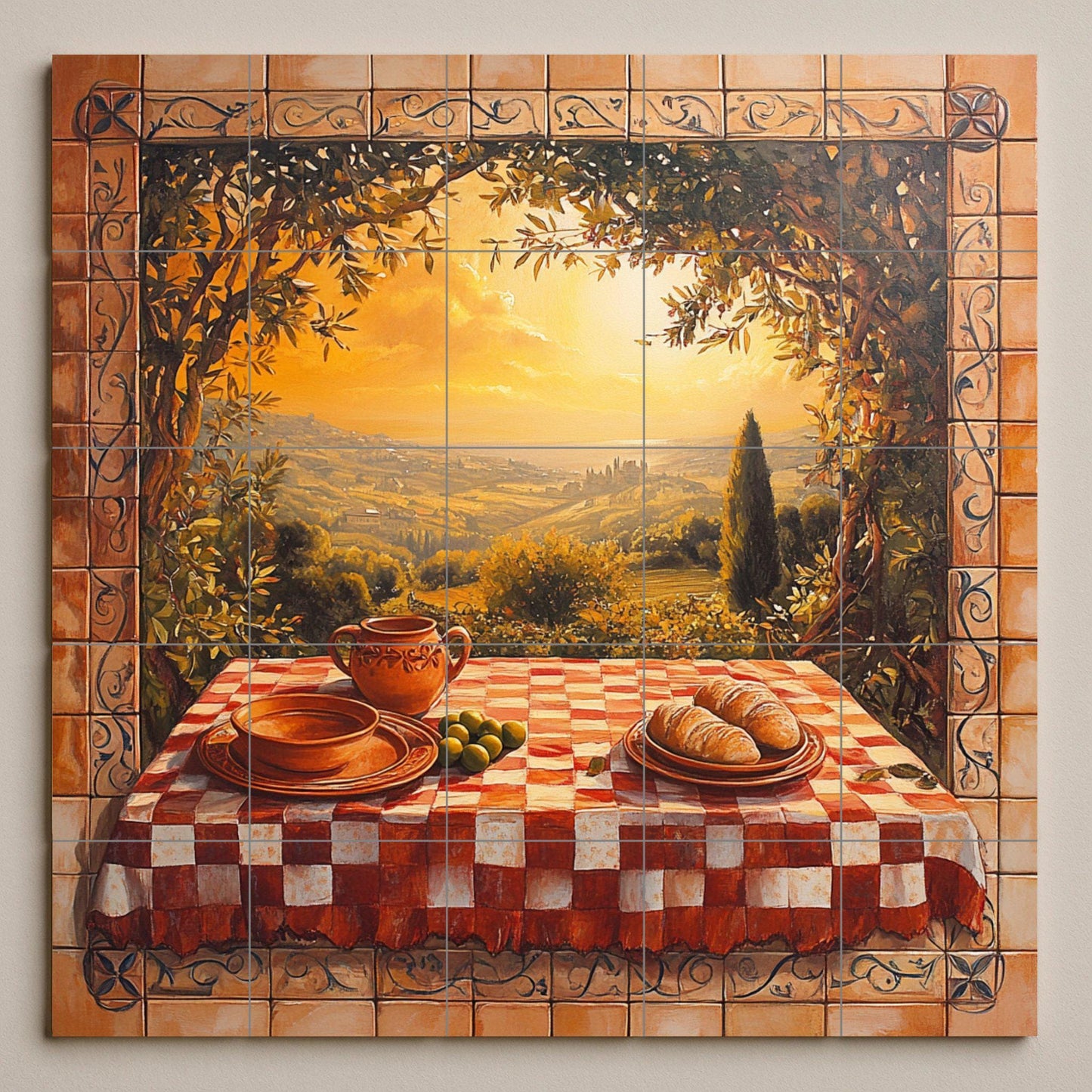 Mural de azulejos de cerámica de viñedos de Chianti con ondulantes…