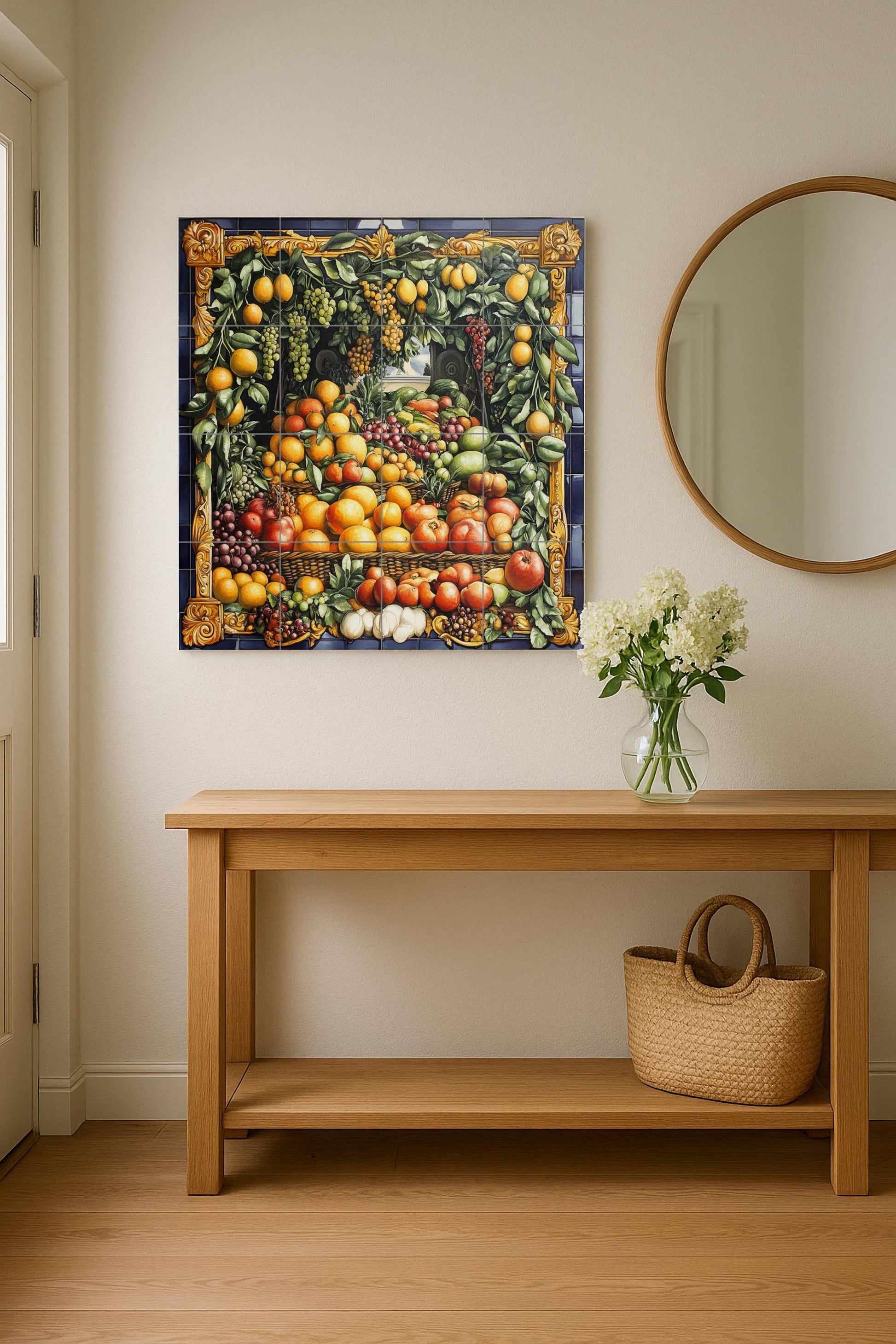 Guirnalda de frutas barrocas napolitanas · Ceramic Wall Mural — Rustic Farmhouse Art