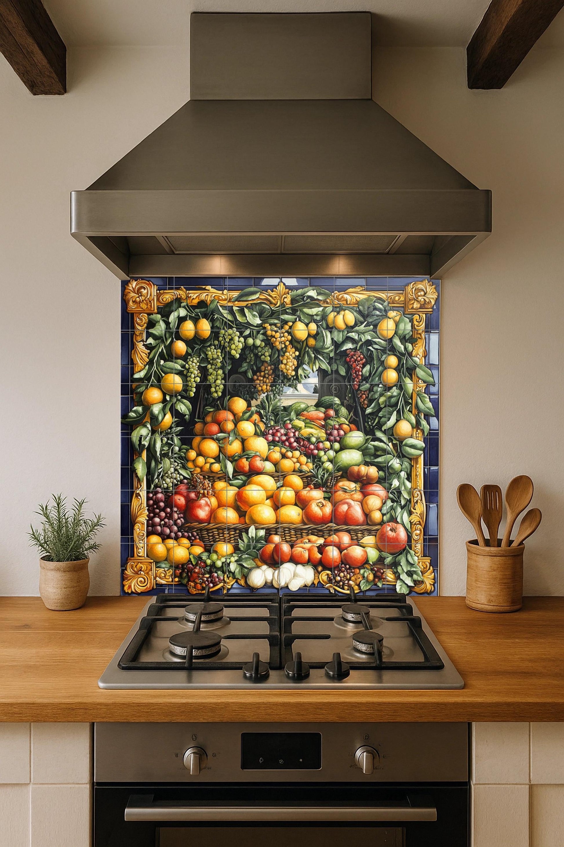 Guirnalda de frutas barrocas napolitanas · Ceramic Wall Mural — Rustic Farmhouse Art