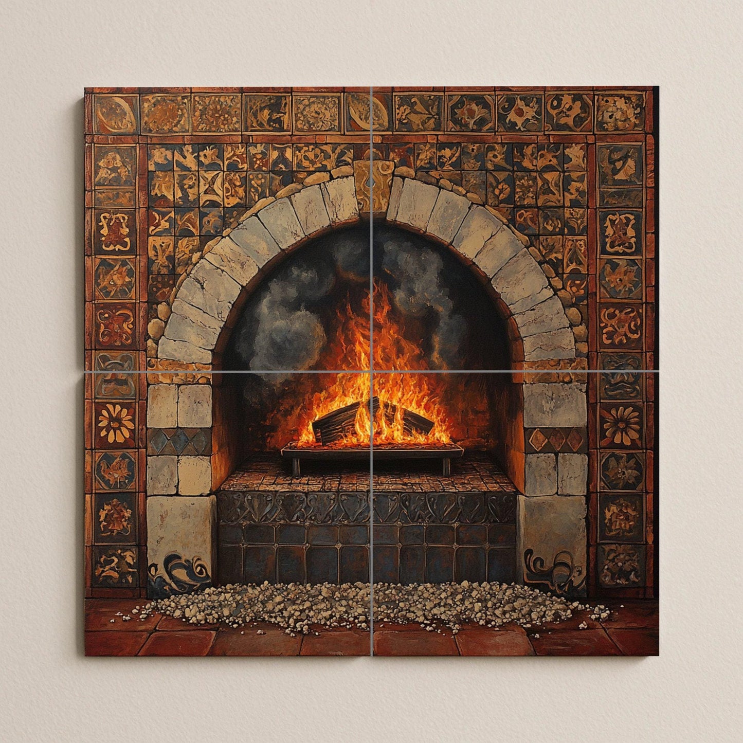 Chimenea Rustica e Arco di Pietra Toscana · Murale Ceramico — Arte Naturale da Parete