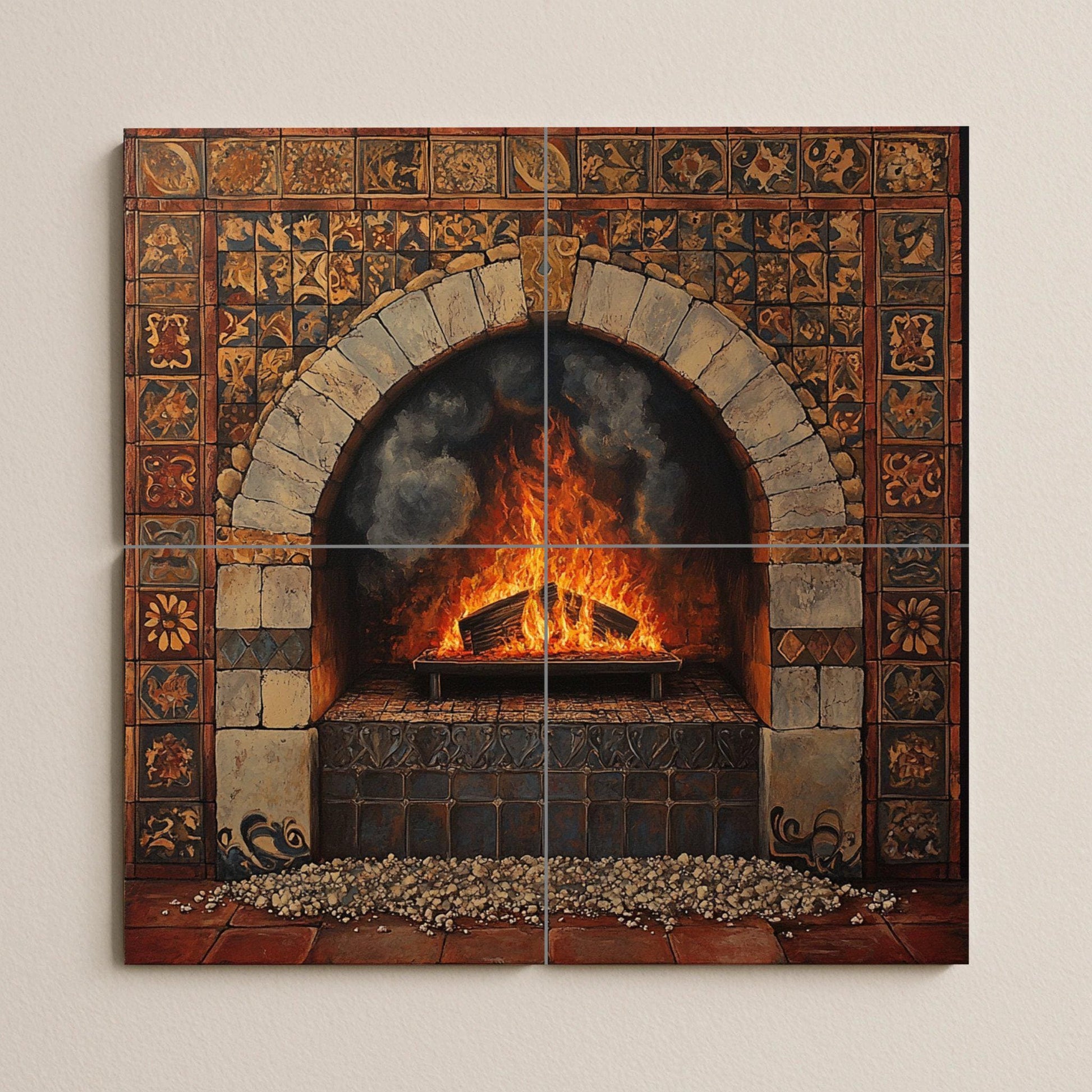 Chimenea Rustica e Arco di Pietra Toscana · Murale Ceramico — Arte Naturale da Parete