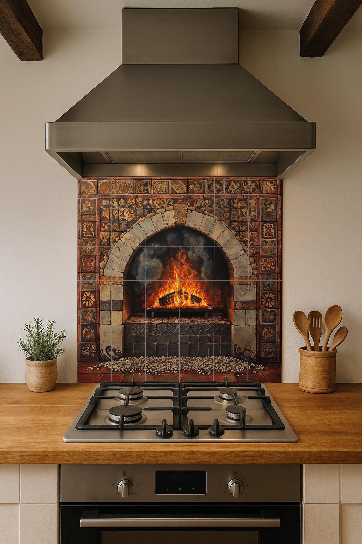 Chimenea Rustica e Arco di Pietra Toscana · Murale Ceramico — Arte Naturale da Parete