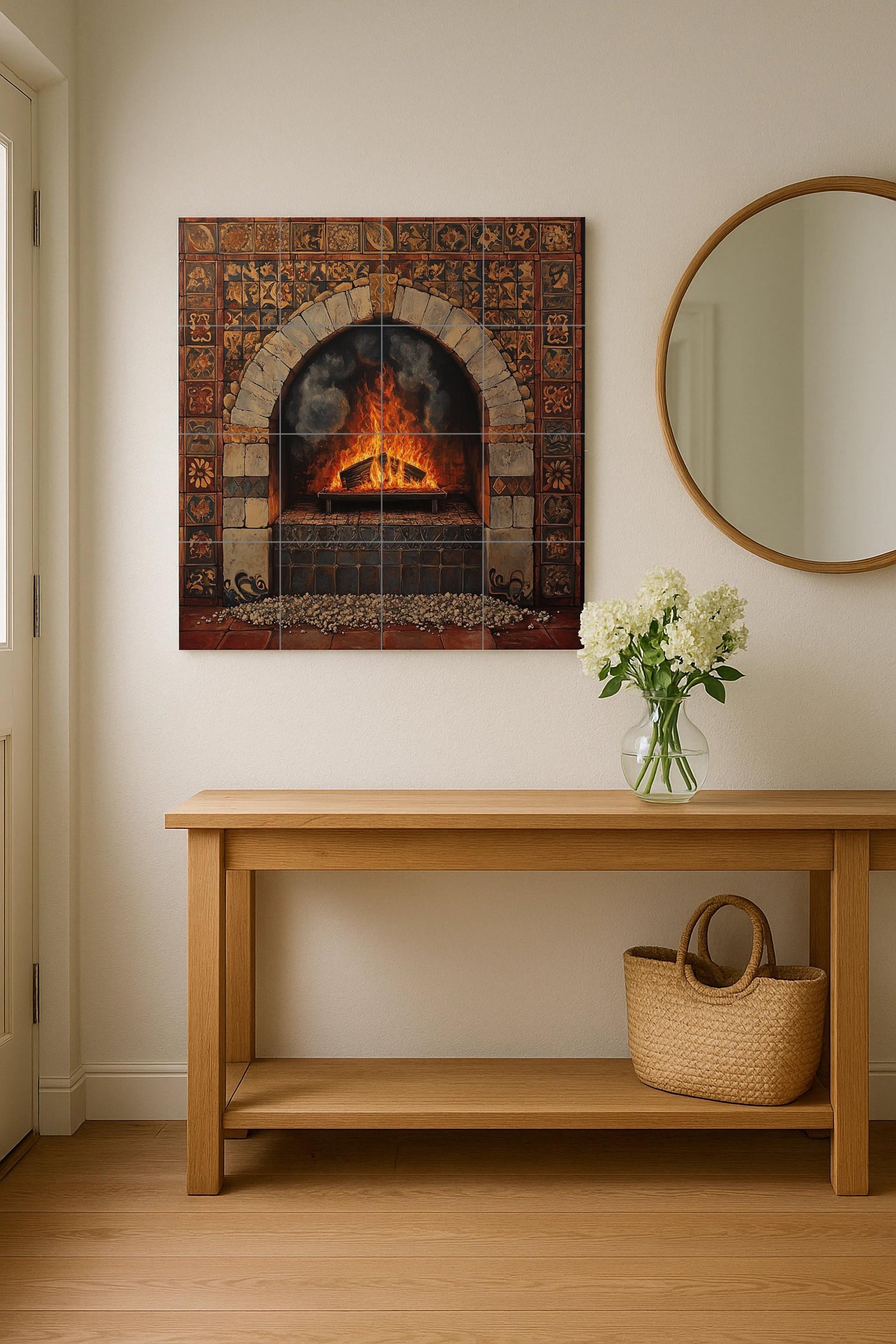 Chimenea Rustica e Arco di Pietra Toscana · Murale Ceramico — Arte Naturale da Parete