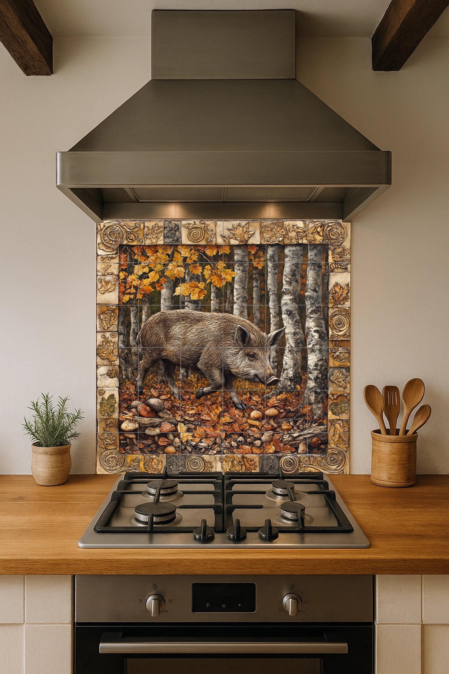 Mural de azulejos cerámicos de bosque de jabalíes con abedules…