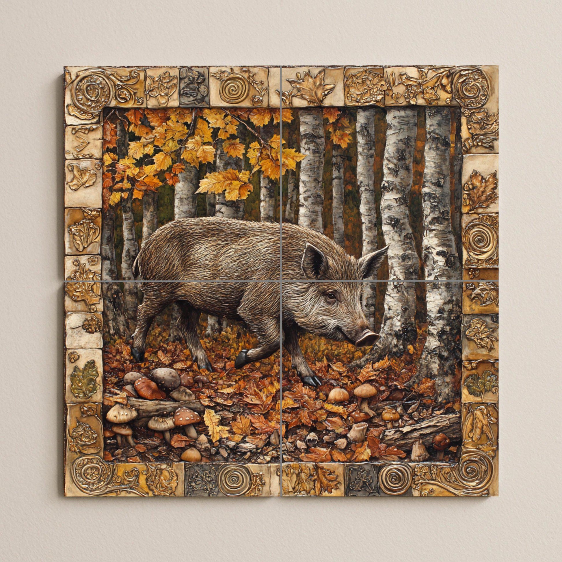 Mural de azulejos cerámicos de bosque de jabalíes con abedules…
