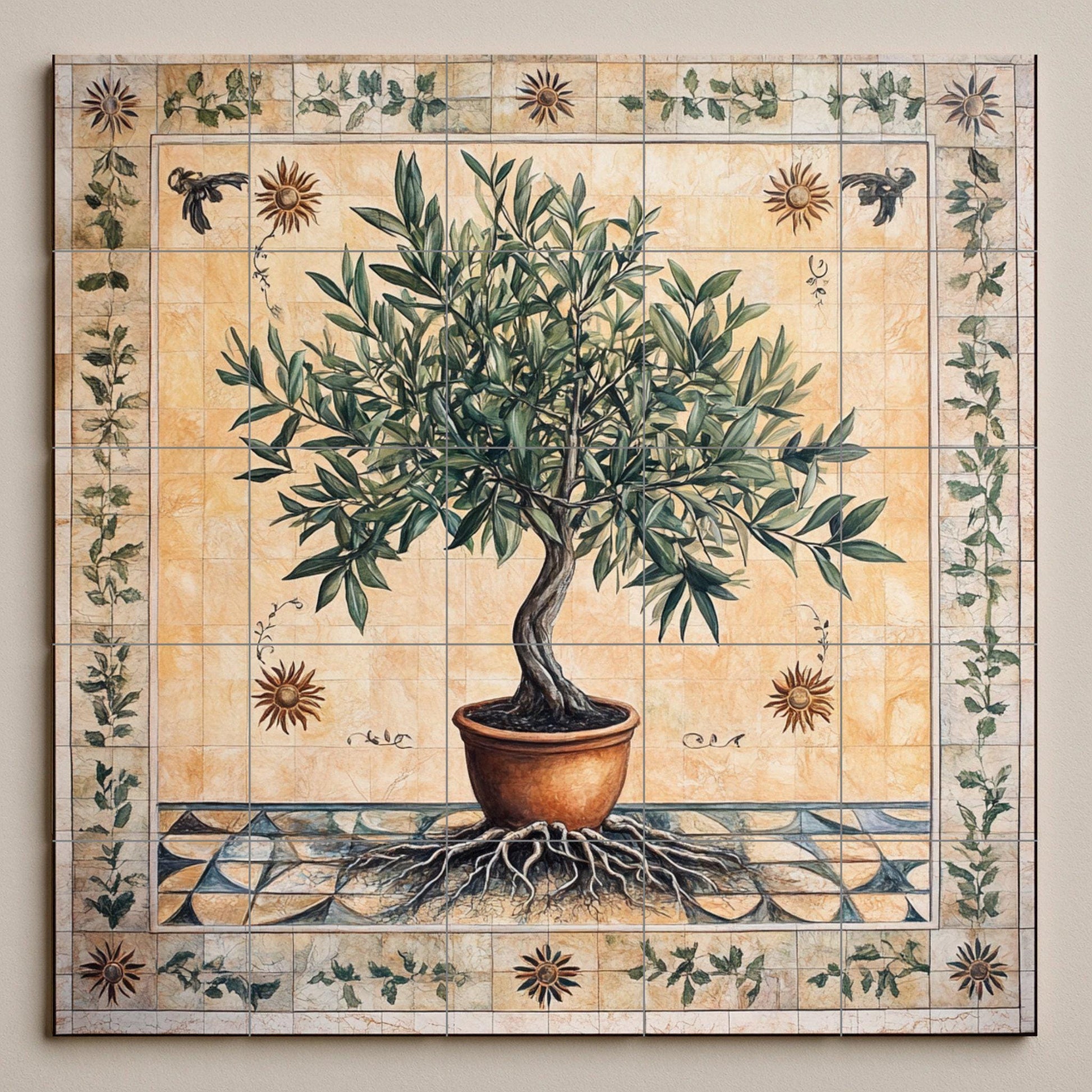 Olivo de la vida con raíces y maceta de terrac · Fresque Céramique — Scène de Cuisine et Campagne