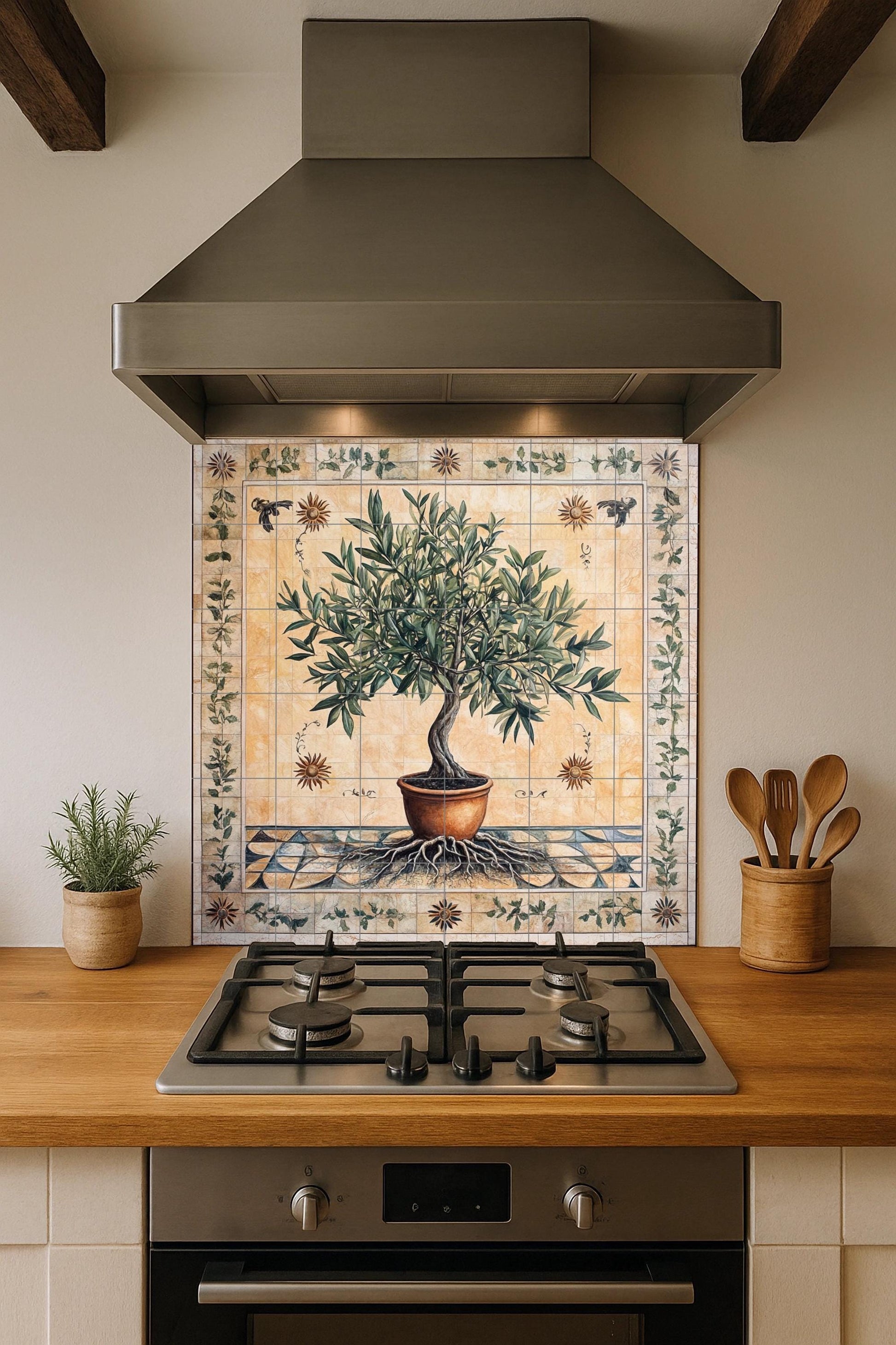 Olivo de la vida con raíces y maceta de terrac · Fresque Céramique — Scène de Cuisine et Campagne