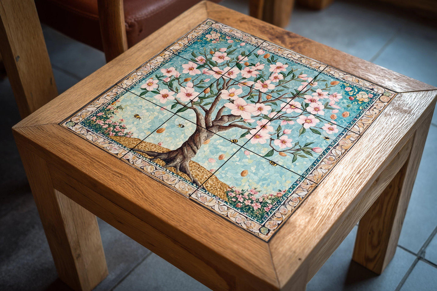 Mural de azulejos cerámicos de flor de almendro persa con abejas y…