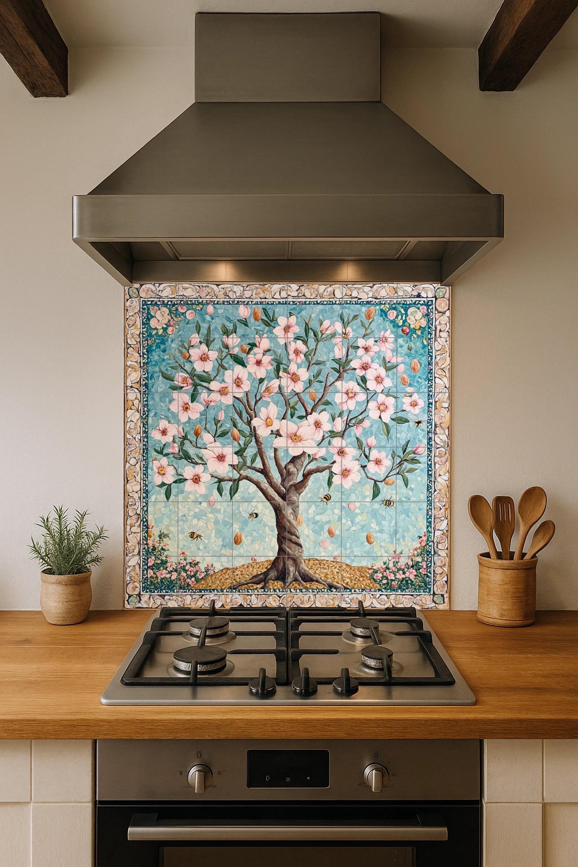 Mural de azulejos cerámicos de flor de almendro persa con abejas y…