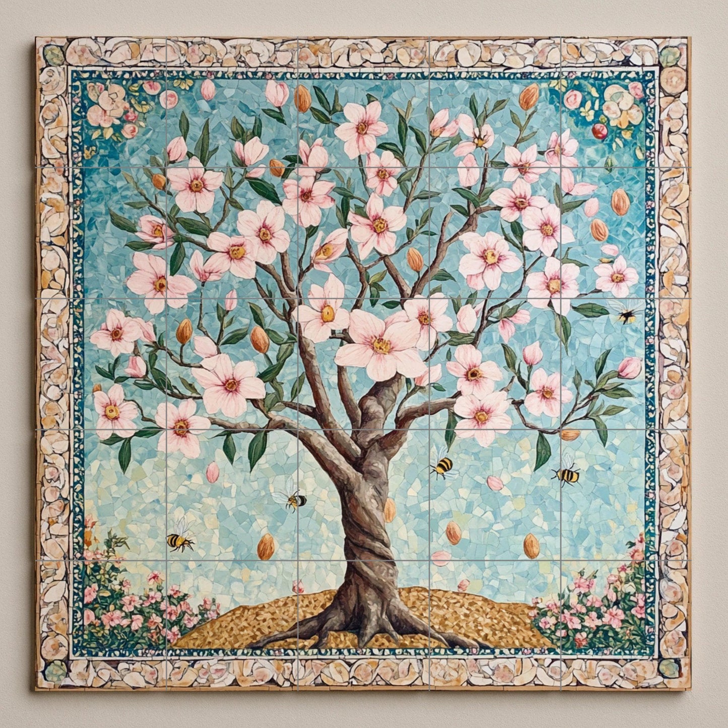 Mural de azulejos cerámicos de flor de almendro persa con abejas y…