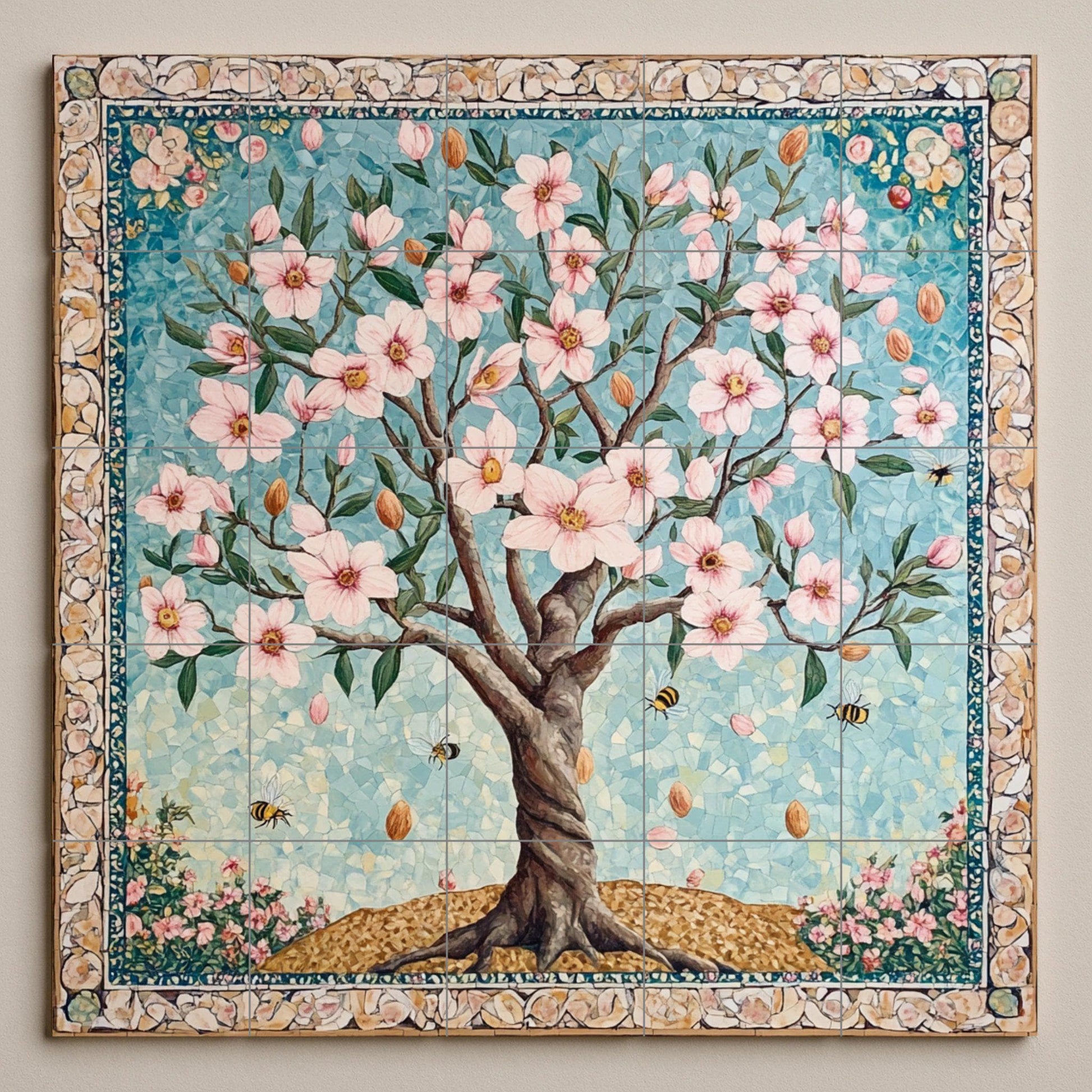 Mural de azulejos cerámicos de flor de almendro persa con abejas y…