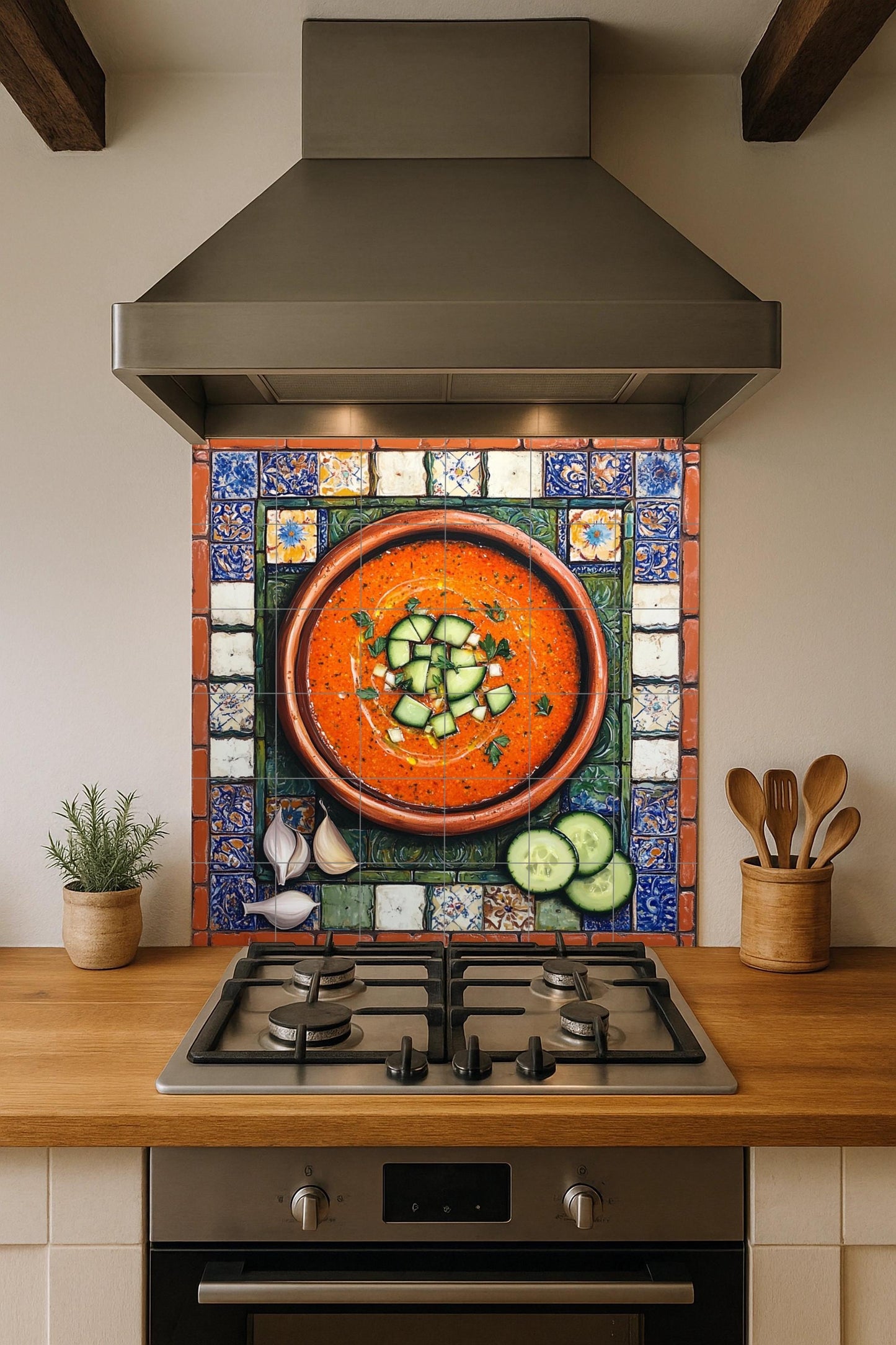 Mural de azulejos cerámicos de gazpacho andaluz con cuenco de…