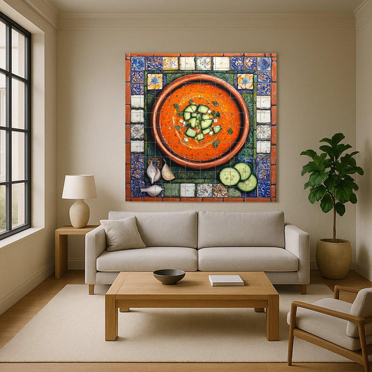 Mural de azulejos cerámicos de gazpacho andaluz con cuenco de…