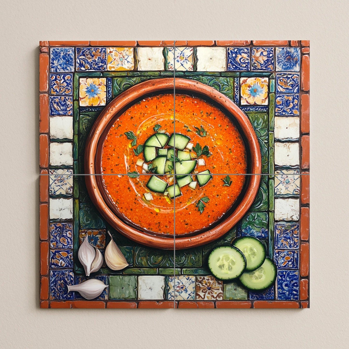 Mural de azulejos cerámicos de gazpacho andaluz con cuenco de…
