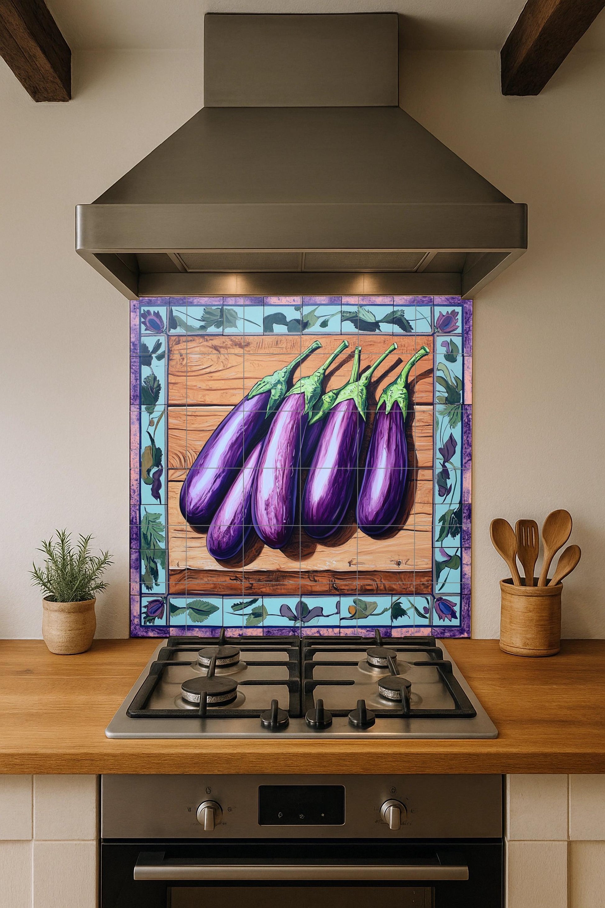 Color berenjena mediterráneo con fondo de made · Murale Ceramico — Paesaggio Botanico