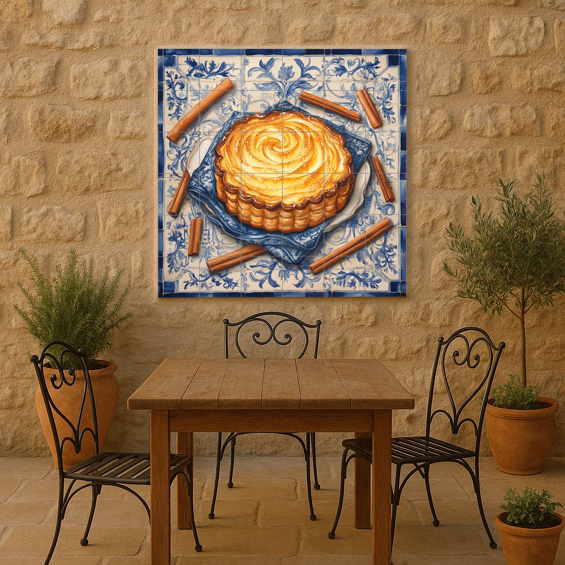 Mural portugués de azulejos de cerámica pastel de nata con palitos de…