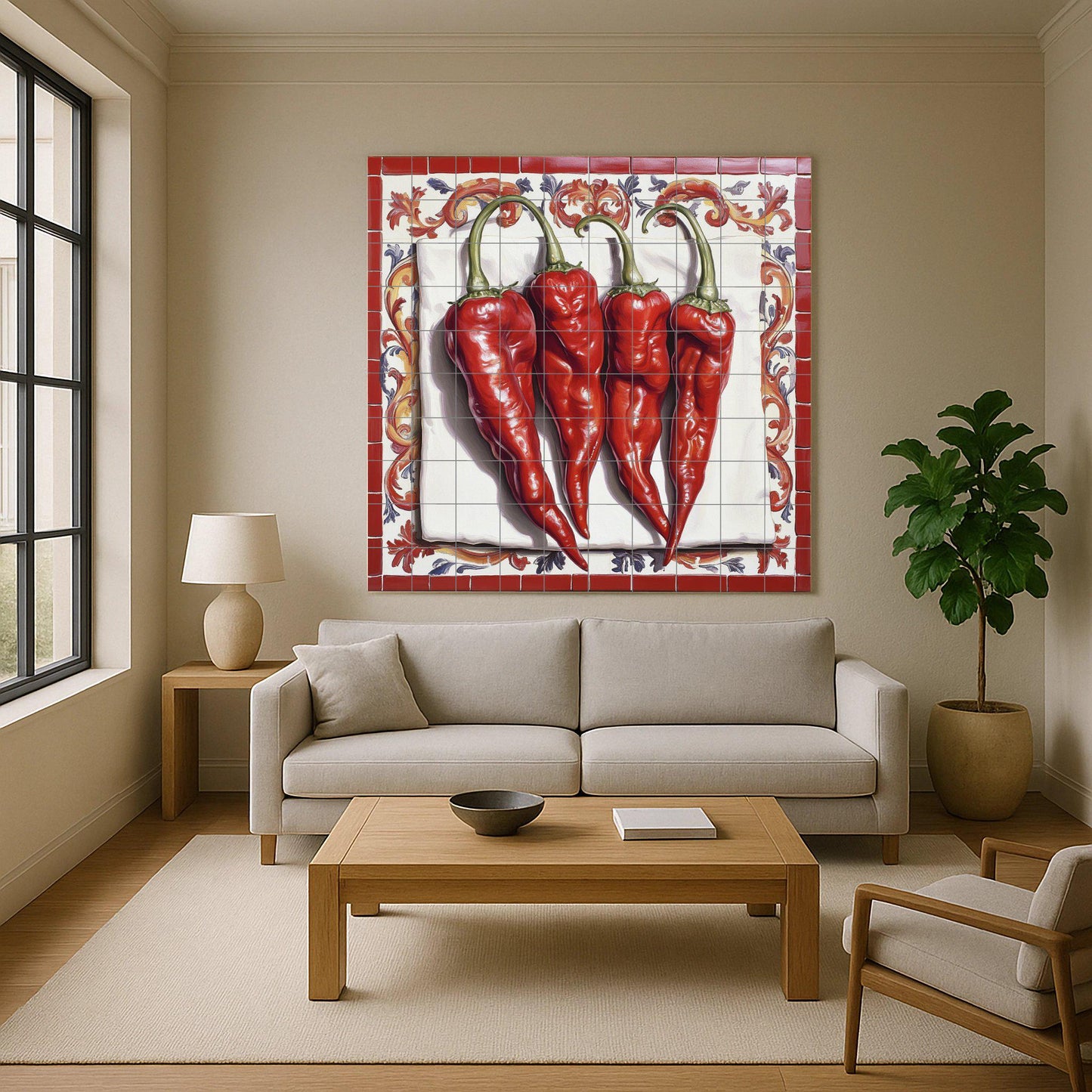Rústica con chiles rojos, arte mural de peperon — Kitchen & Country Scene · Tile Wall Art