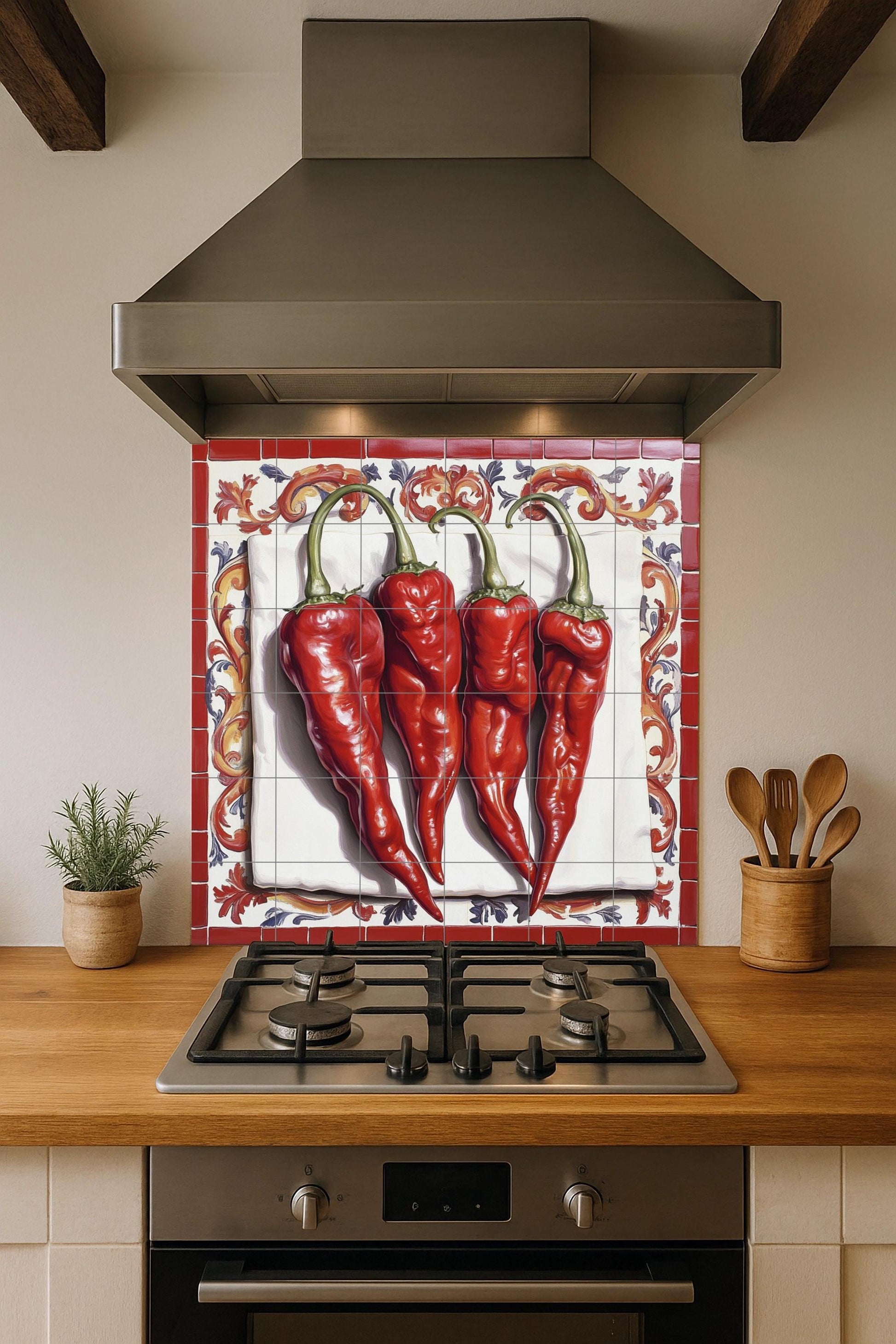 Rústica con chiles rojos, arte mural de peperon — Kitchen & Country Scene · Tile Wall Art