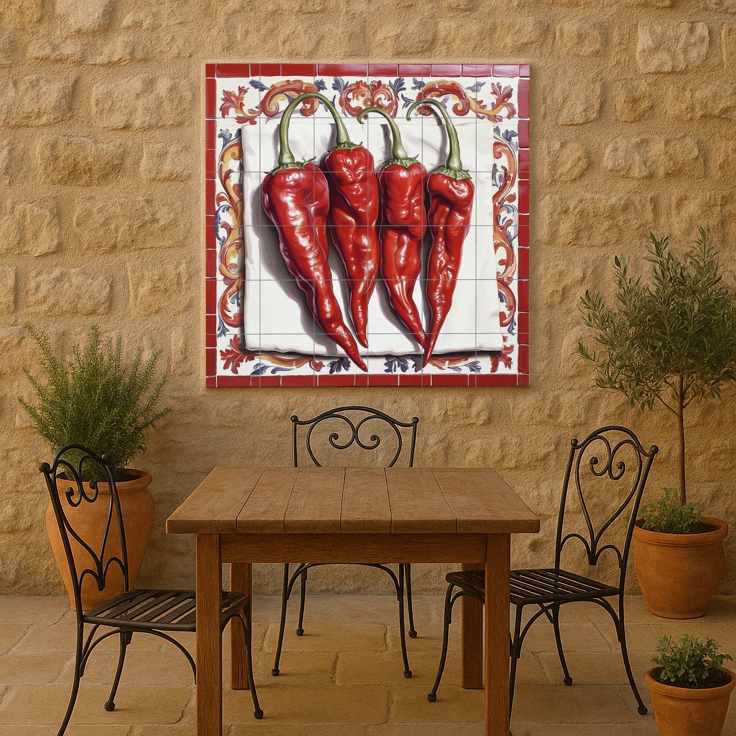 Rústica con chiles rojos, arte mural de peperon — Kitchen & Country Scene · Tile Wall Art