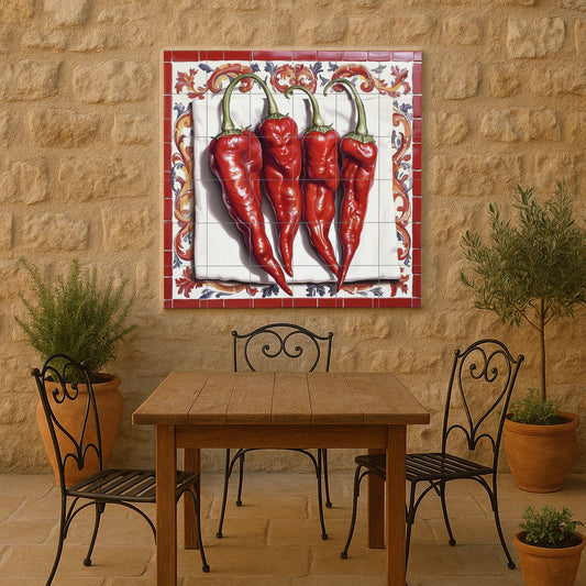 Rústica con chiles rojos, arte mural de peperon — Kitchen & Country Scene · Tile Wall Art