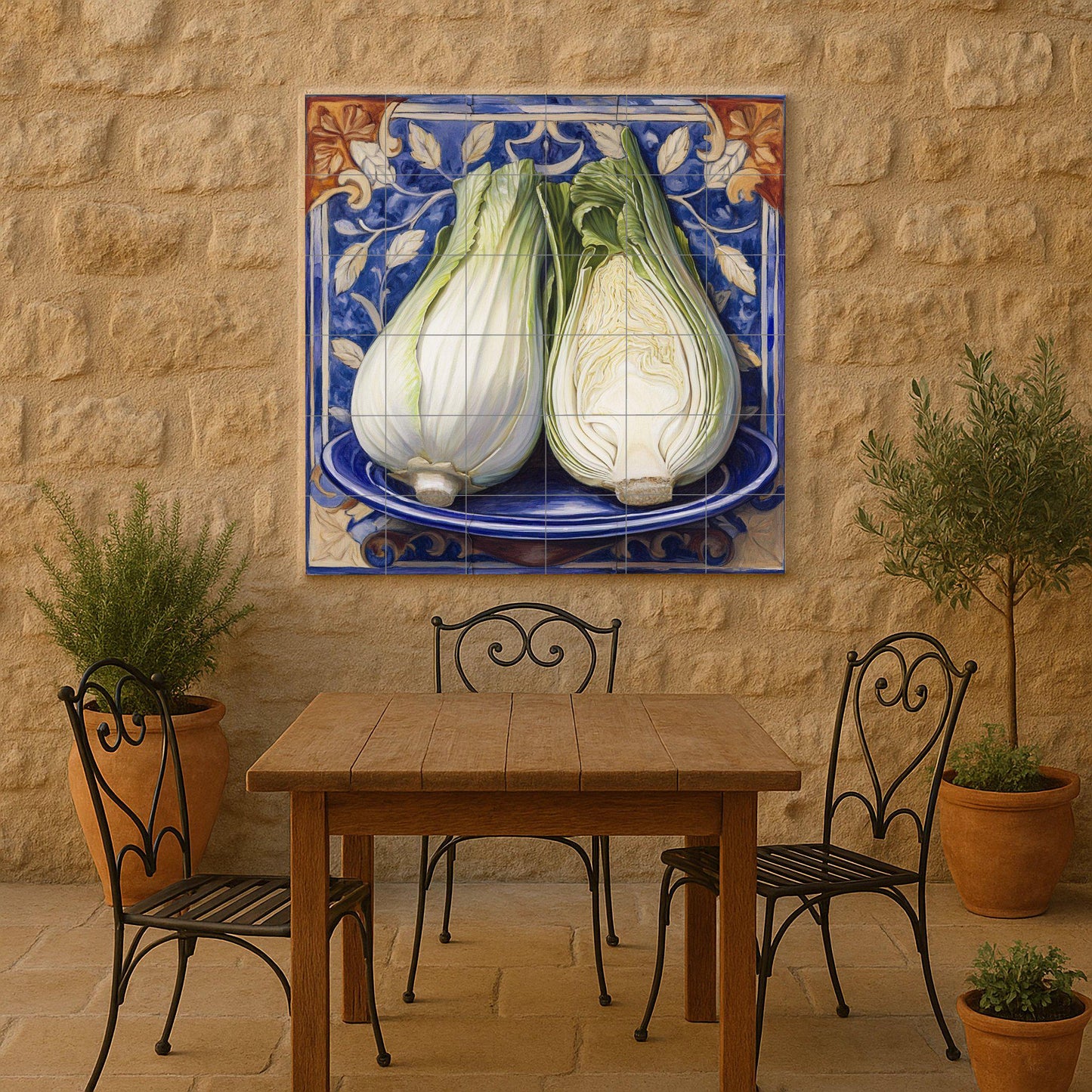 Hinojo Italienisch mit Bordüre Blau von Majolika r — Fliesen-Wandbild aus Keramik · Rustikale Bauernhaus-Kunst