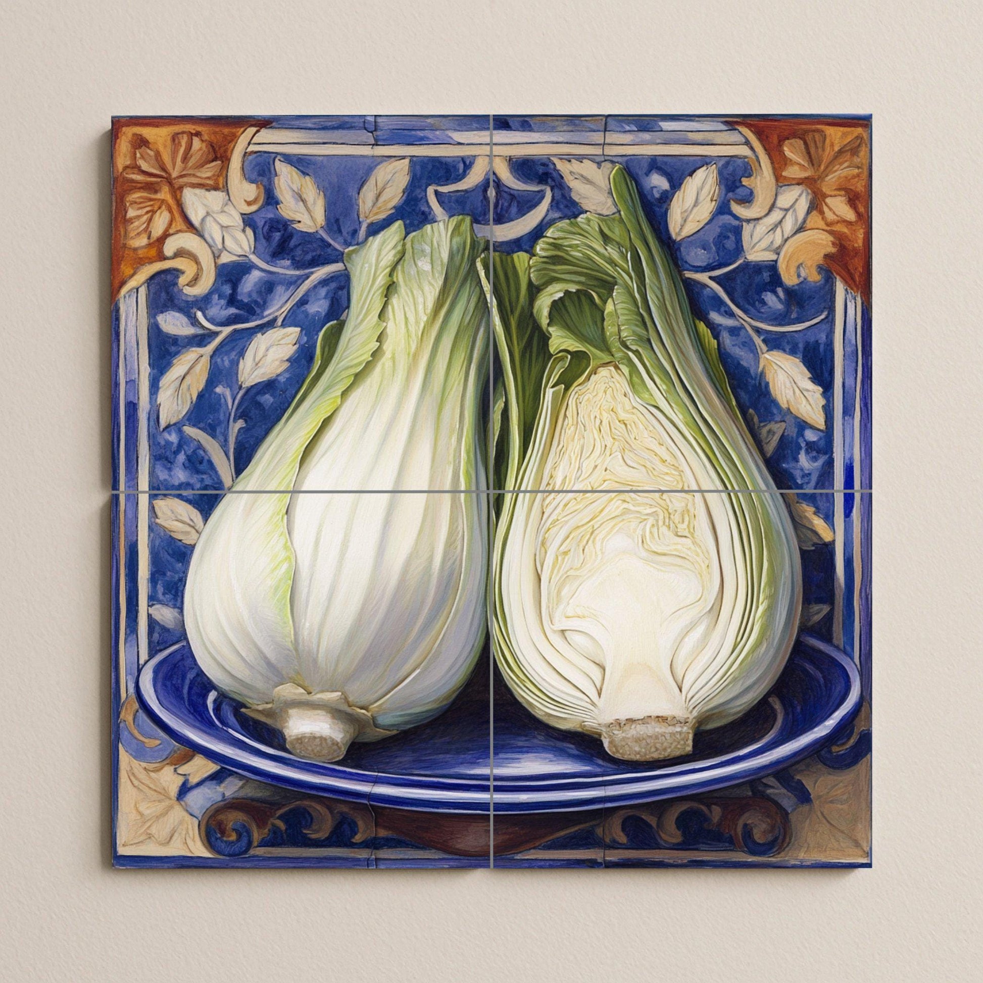 Hinojo Italienisch mit Bordüre Blau von Majolika r — Fliesen-Wandbild aus Keramik · Rustikale Bauernhaus-Kunst