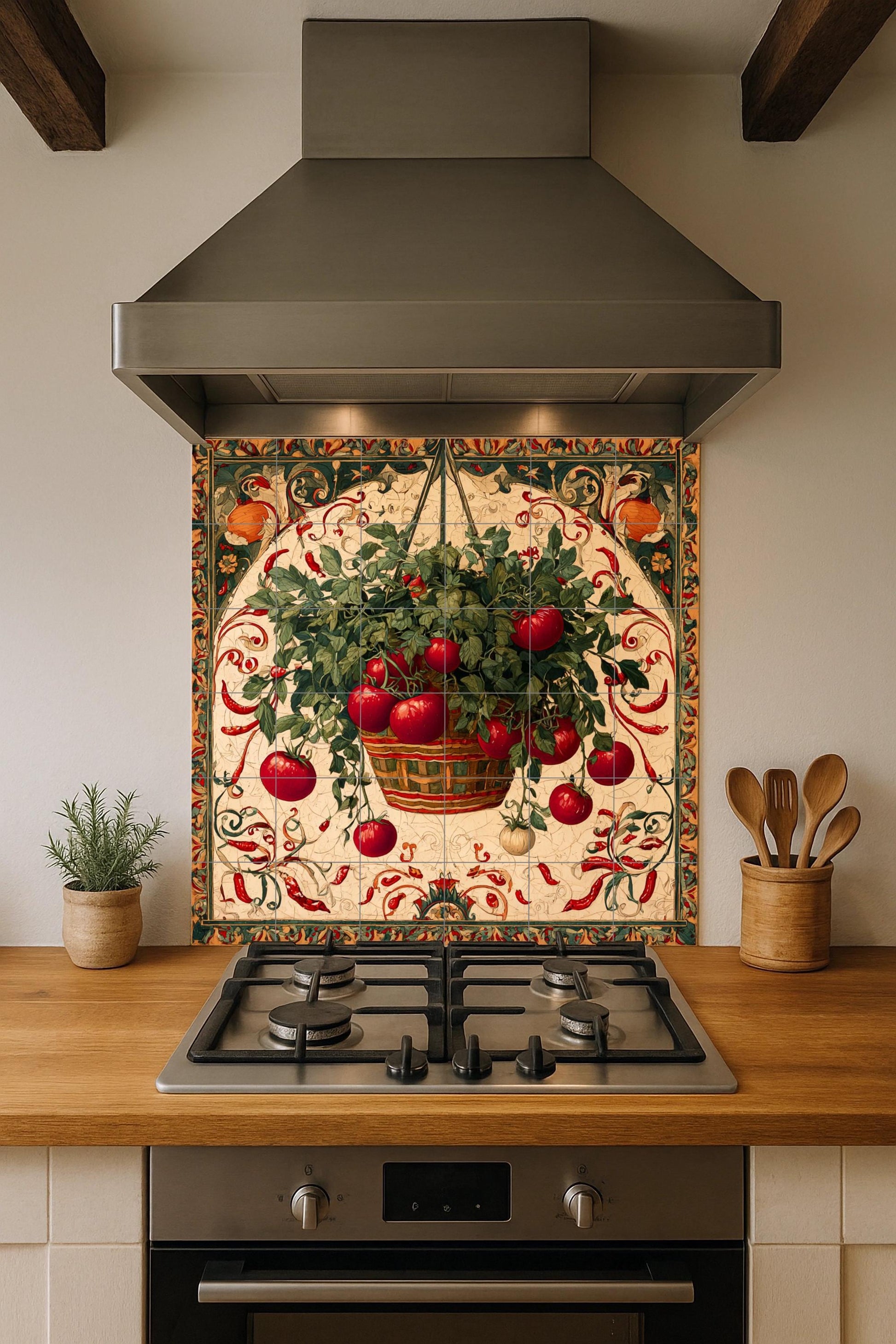 Italiana rústica con cesta de tomates colgante — Rustikale Bauernhaus-Kunst, Wandkunst aus Keramikfliesen