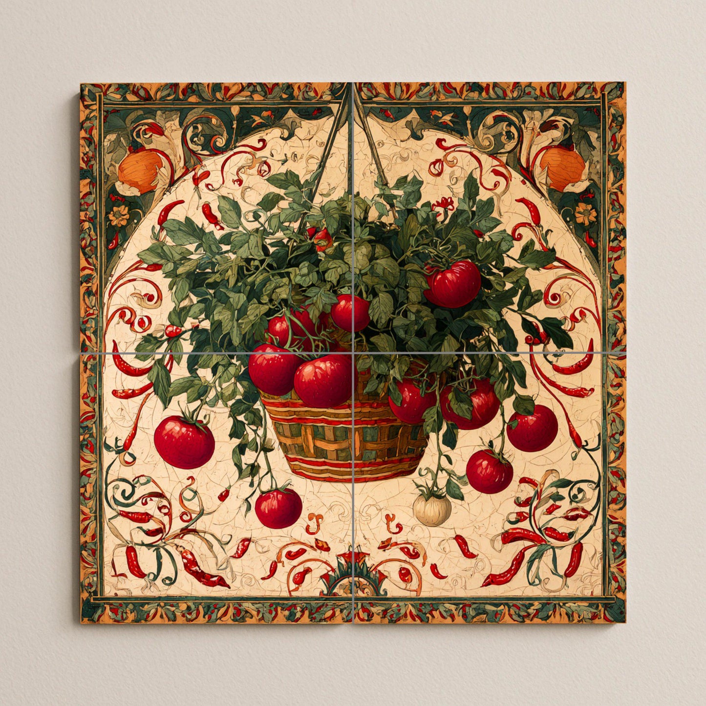 Italiana rústica con cesta de tomates colgante — Rustikale Bauernhaus-Kunst, Wandkunst aus Keramikfliesen