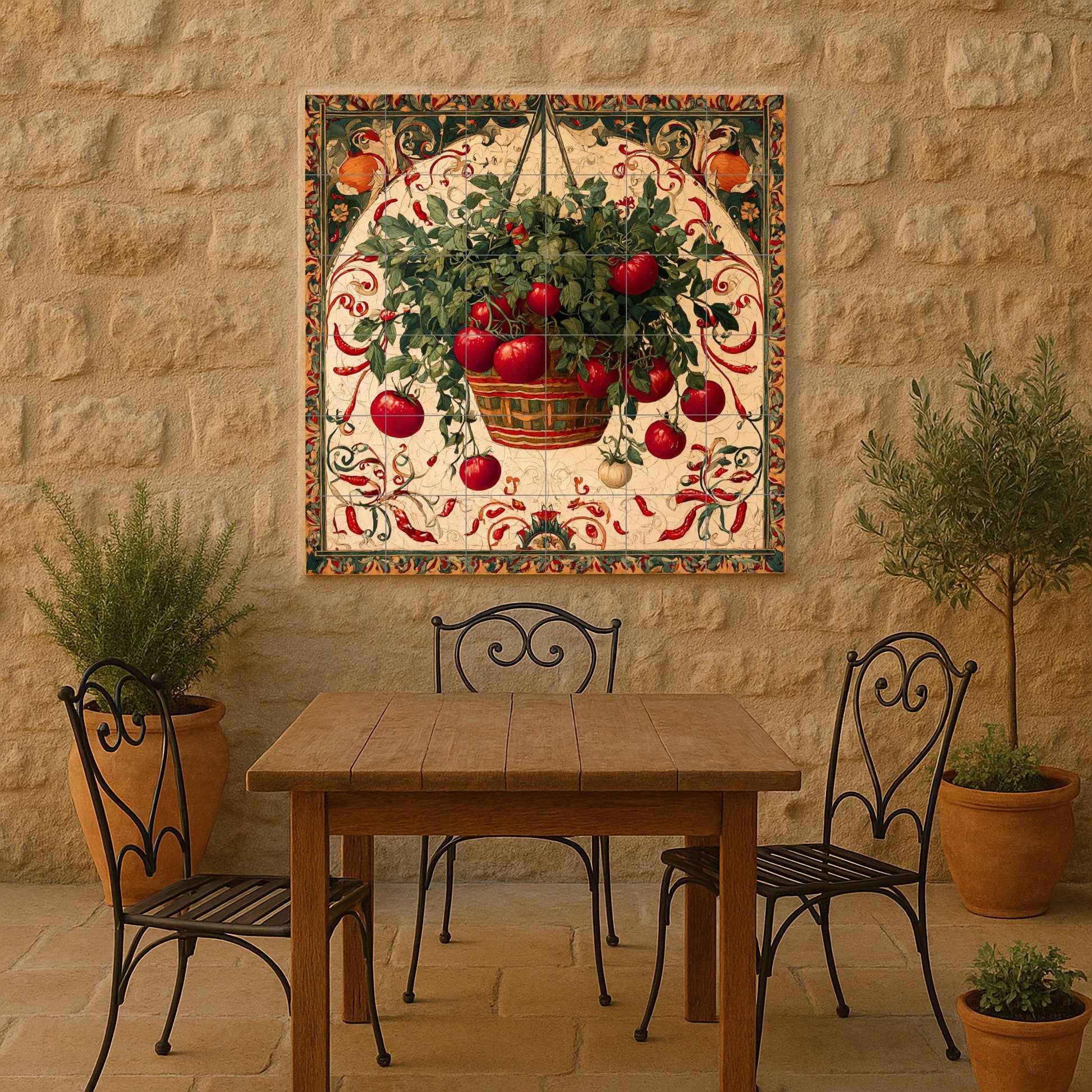 Italiana rústica con cesta de tomates colgante — Rustikale Bauernhaus-Kunst, Wandkunst aus Keramikfliesen