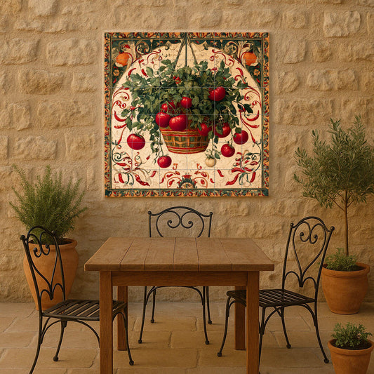 Italiana rústica con cesta de tomates colgante — Kitchen & Country Scene · Tile Wall Art