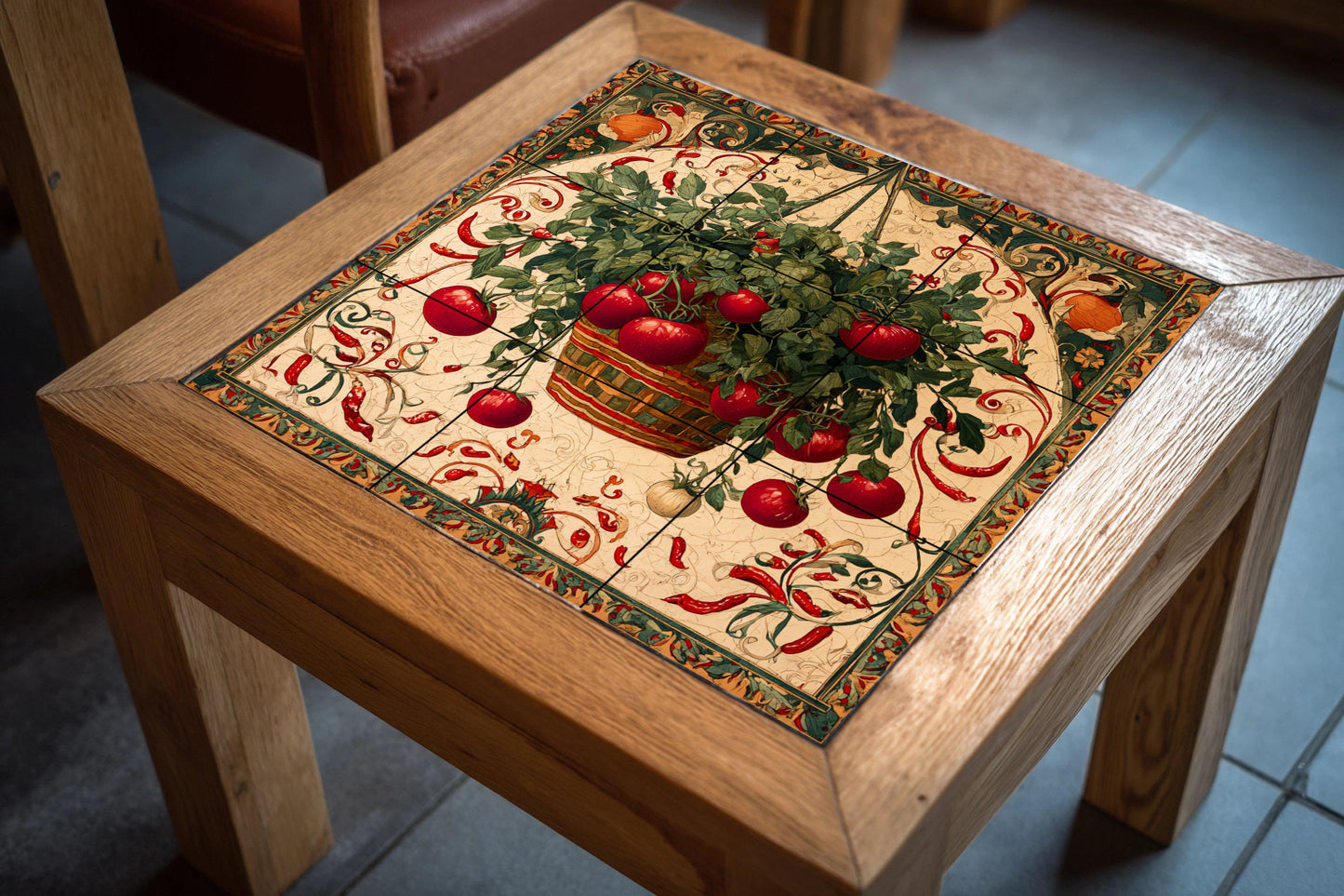 Italiana rústica con cesta de tomates colgante — Rustikale Bauernhaus-Kunst, Wandkunst aus Keramikfliesen