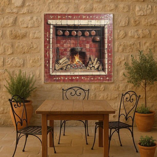 Mural de azulejos de cerámica con chimenea rústica
