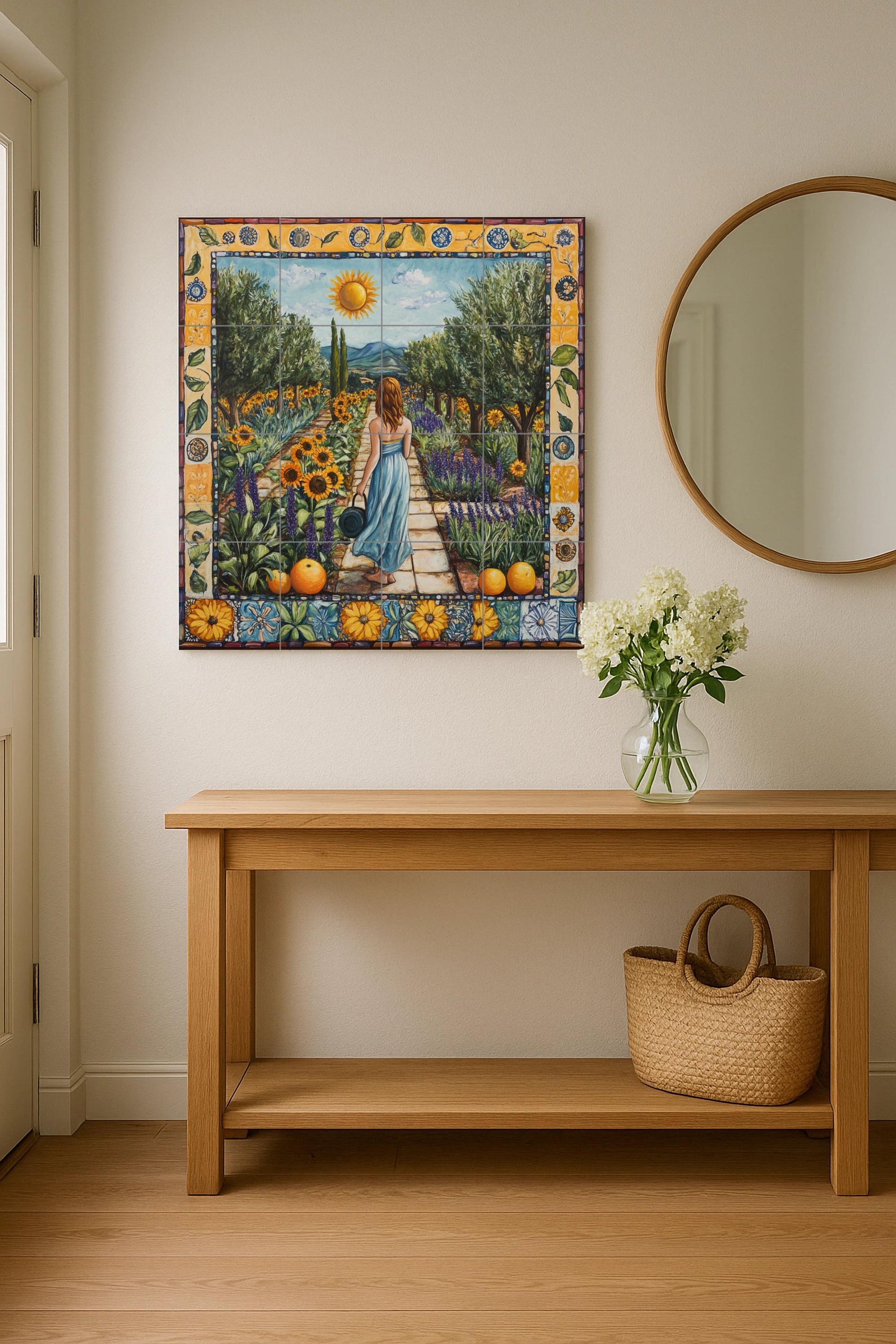 Mural de azulejos cerámicos toscanos de Val d'Orcia con terrazas de…
