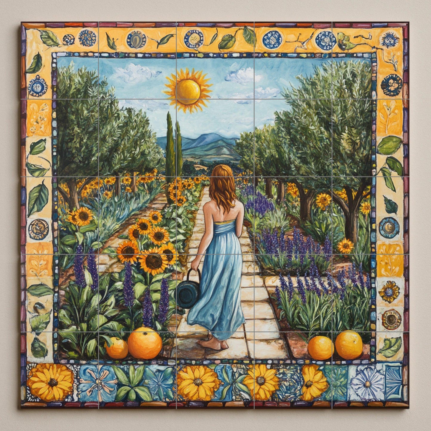 Mural de azulejos cerámicos toscanos de Val d'Orcia con terrazas de…