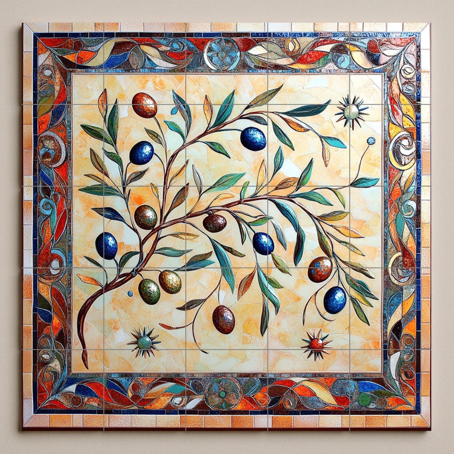 Pared de olivo de cerámica mediterránea con ramas coloridas dibujada · Fresque Céramique — Art Rustique de Ferme