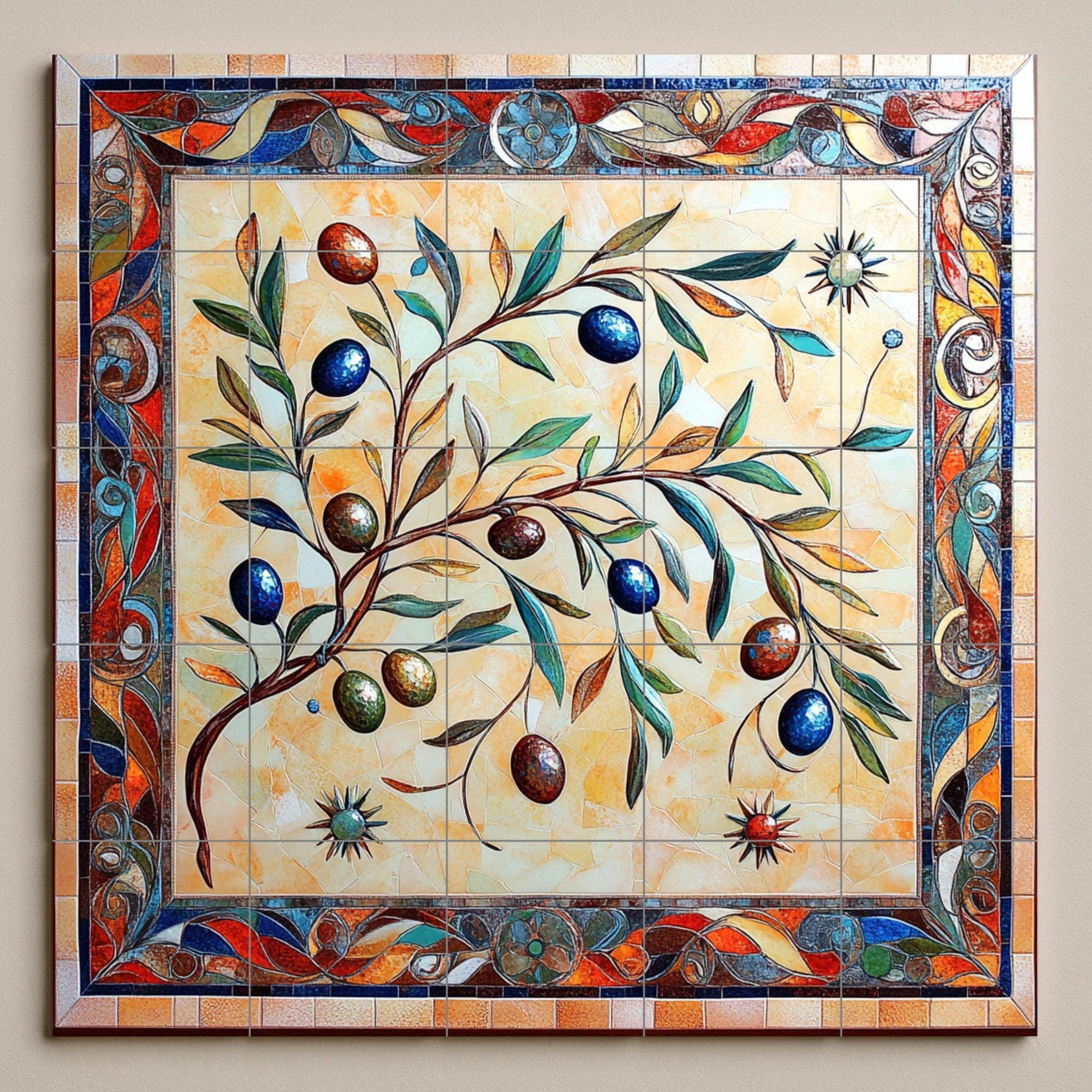 Pared de olivo de cerámica mediterránea con ramas coloridas dibujada · Fresque Céramique — Art Rustique de Ferme