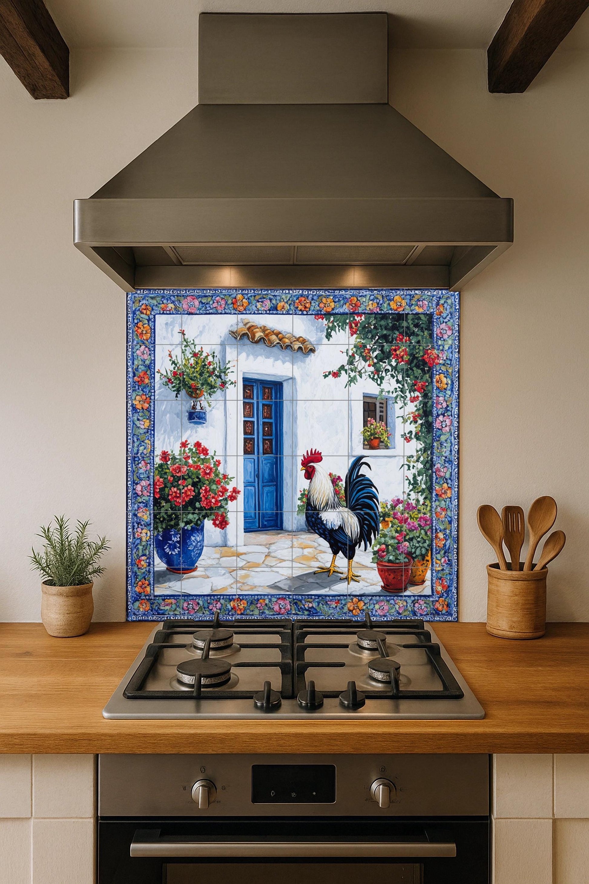 Mural de azulejos de cerámica con diseño de gallo mediterráneo, patio…