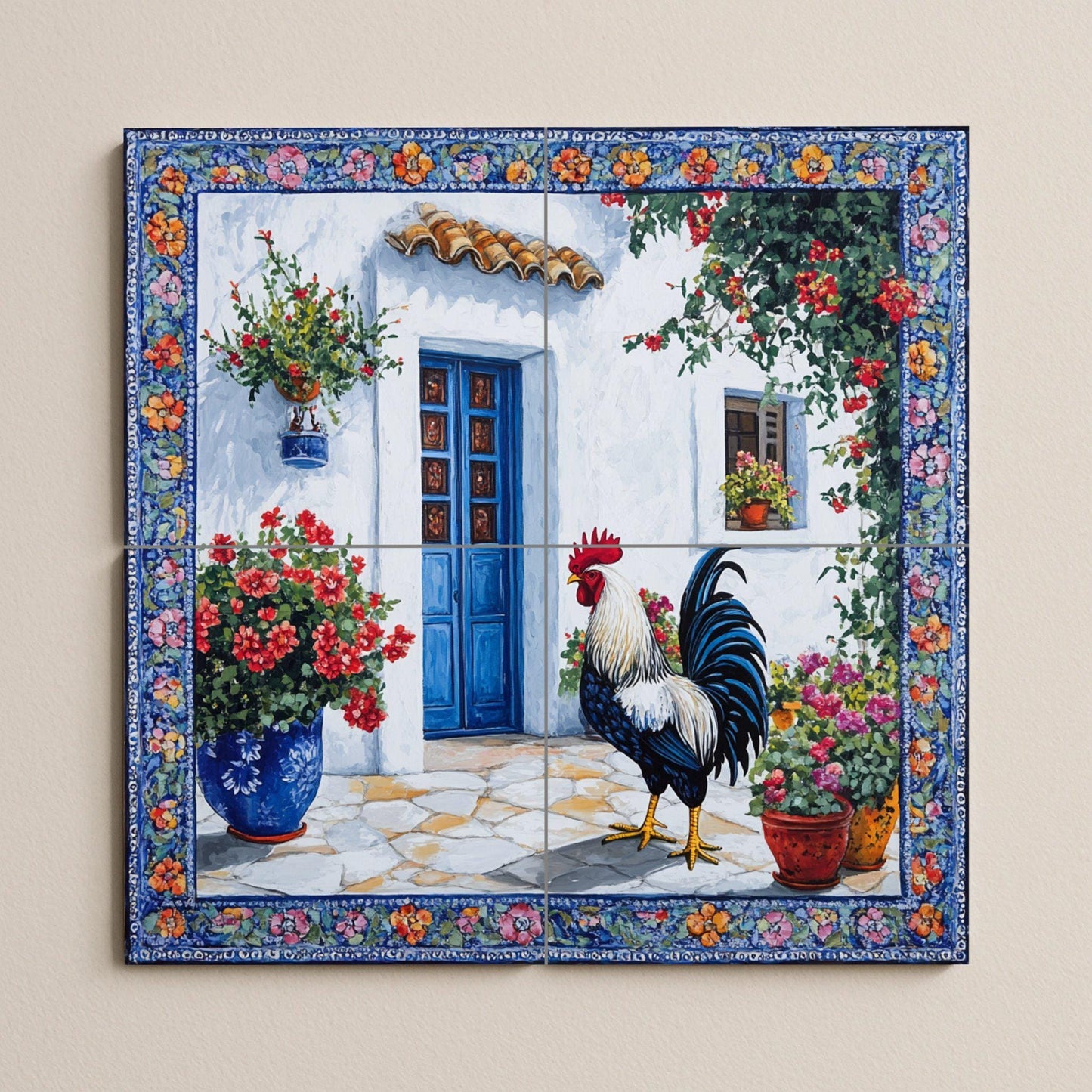 Mural de azulejos de cerámica con diseño de gallo mediterráneo, patio…